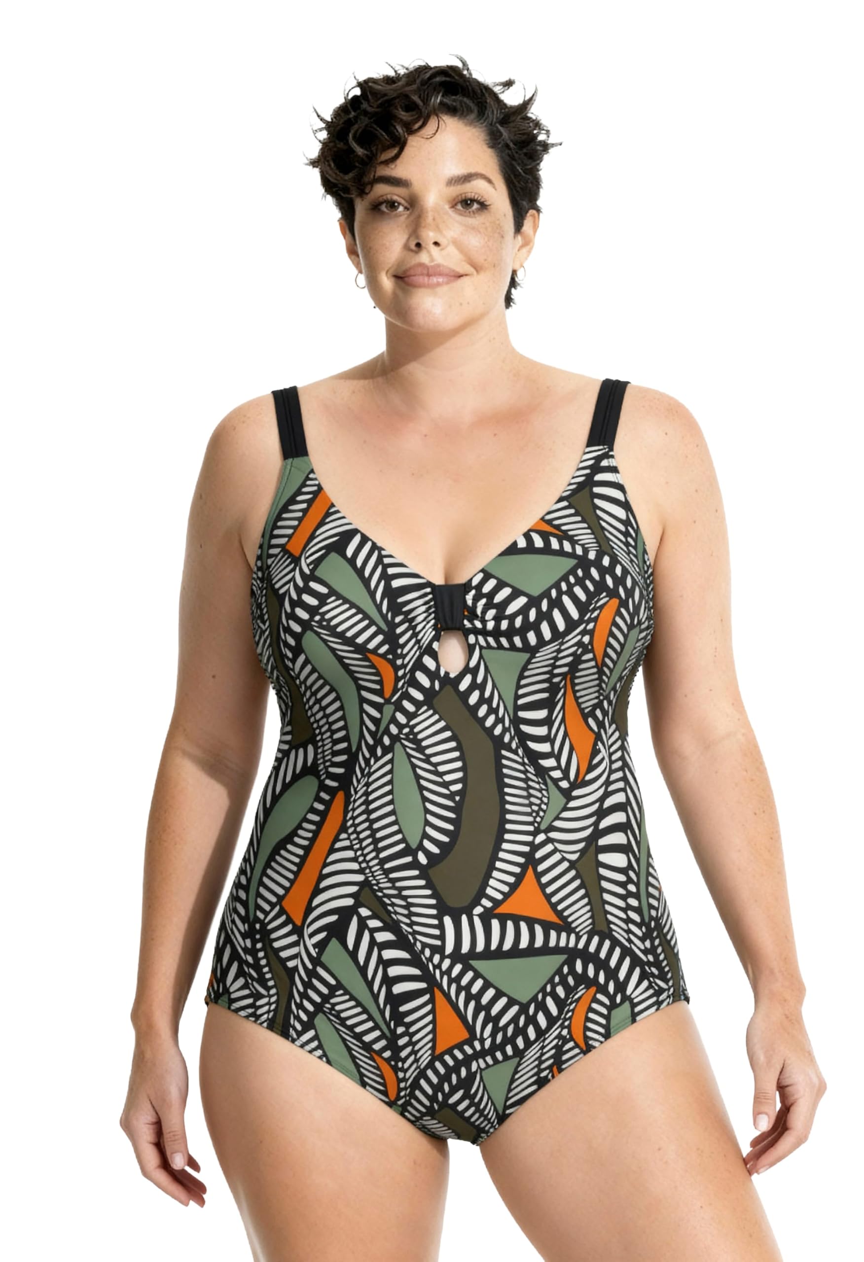 Ulla Popken Damen große Größen Übergrößen Plus Size Badeanzug, Zierknoten, Softcups, recycelt 846636
