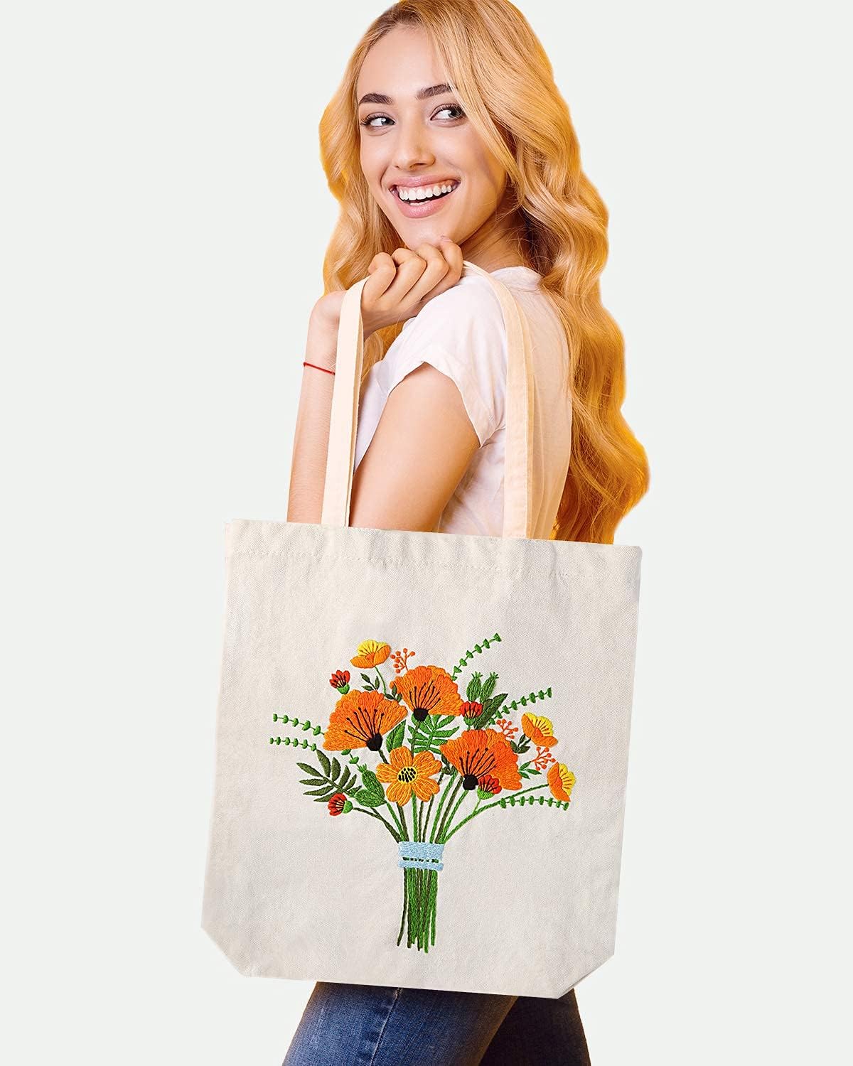 Pllieay White Canvas Tote Bag Embroidery Kit with Pattern and Instructions Include Embroidery Bag with Flower Pattern, Bamboo Embroidery Hoops, Color Threads and Tool for Mother's Day Gift