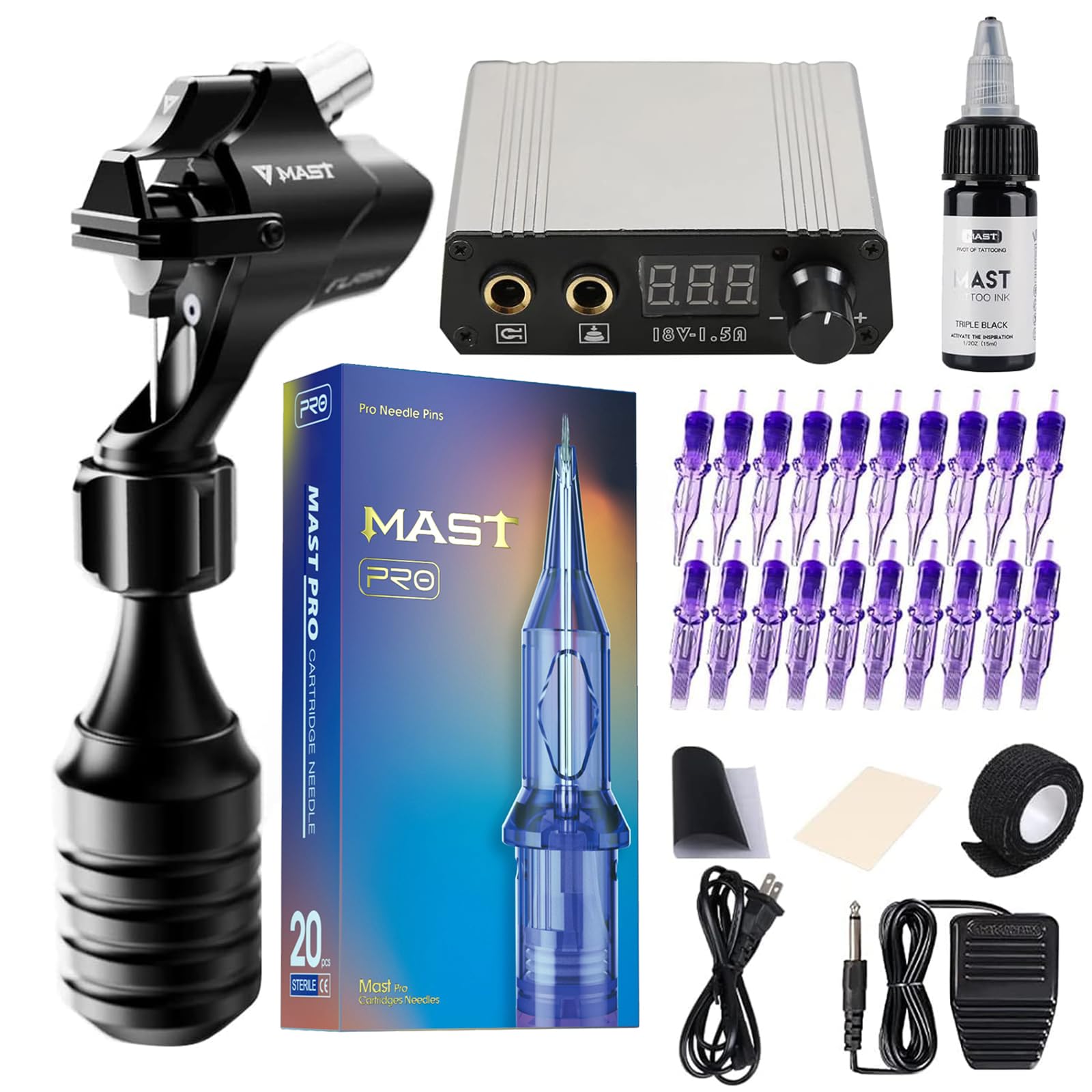 Mast Flash Rotary Tattoo Machine Kit Cartridges Disposable Needles Power Supply TZ450