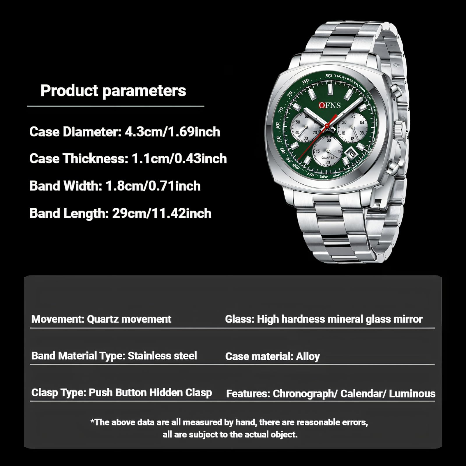 Reloj de pulsera de cuarzo para hombre, correa de acero, calendario, seis pines, tres ojos, impermeable, esfera cuadrada