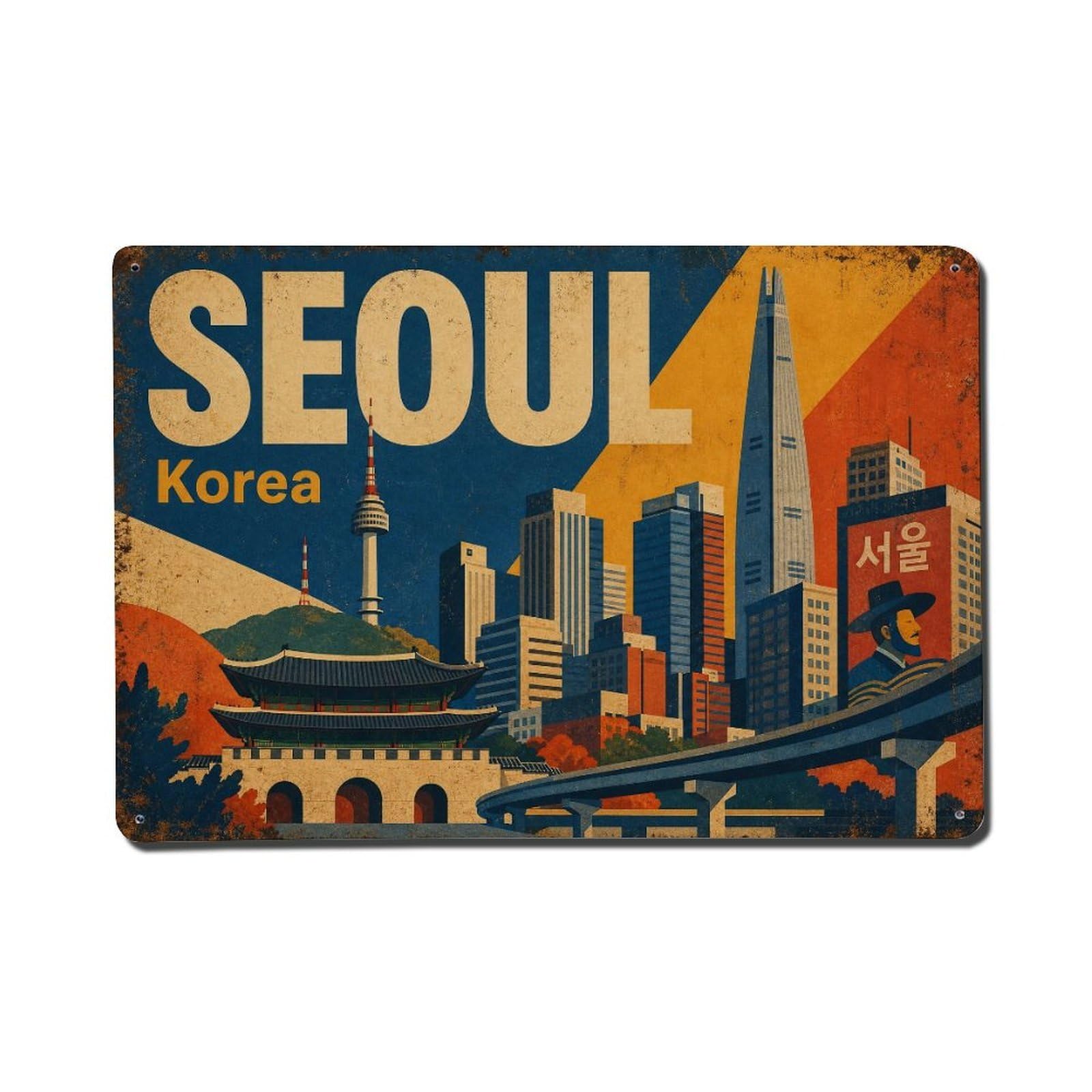 Huiyhb 8X12inch(20X30cm) Vintage Travel Seoul Korea Urban Metal Tin Sign