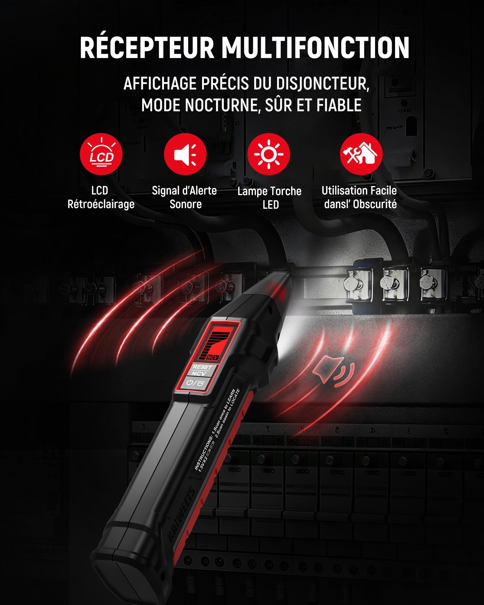 KAIWEETS Détecteur de Disjoncteur avec Écran LCD, Testeur de Prise avec Test RCD et Contrôle du Câblage, Détecteur de Circuit Électrique NCV avec Lampe LED, pour Maison et Électriciens