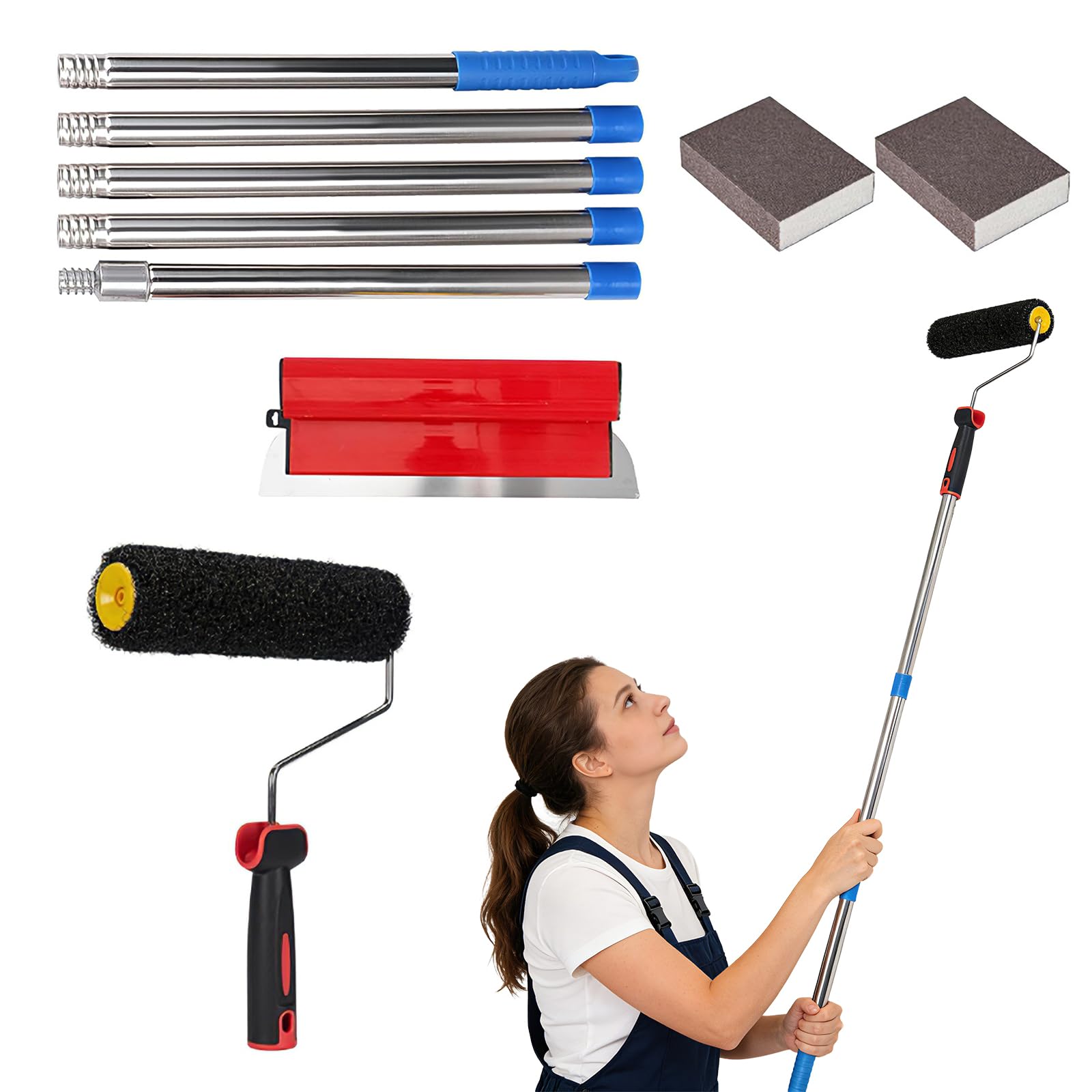 Qivine Drywall Skimming Blade, 40cm Lightweight Smoothing Spatula Set with Extension Pole & 2 Sanding Block & Putty Paint Roller, DIY Plastering Tools for Cement & Concrete Wall-Board Wall