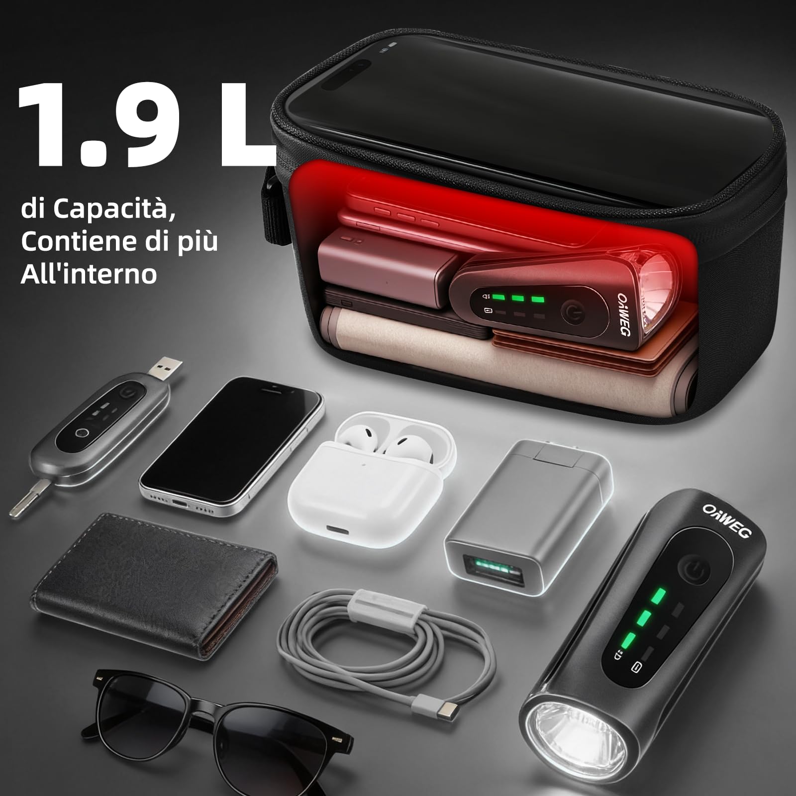 Borsa Telaio Bici Impermeabile 1,9L con Supporto Manubrio, TPU Touch Screen per Smartphone Fino a 6.7" – Impermeabile e Antivibrazione per MTB e Commuting, Installazione Rapida
