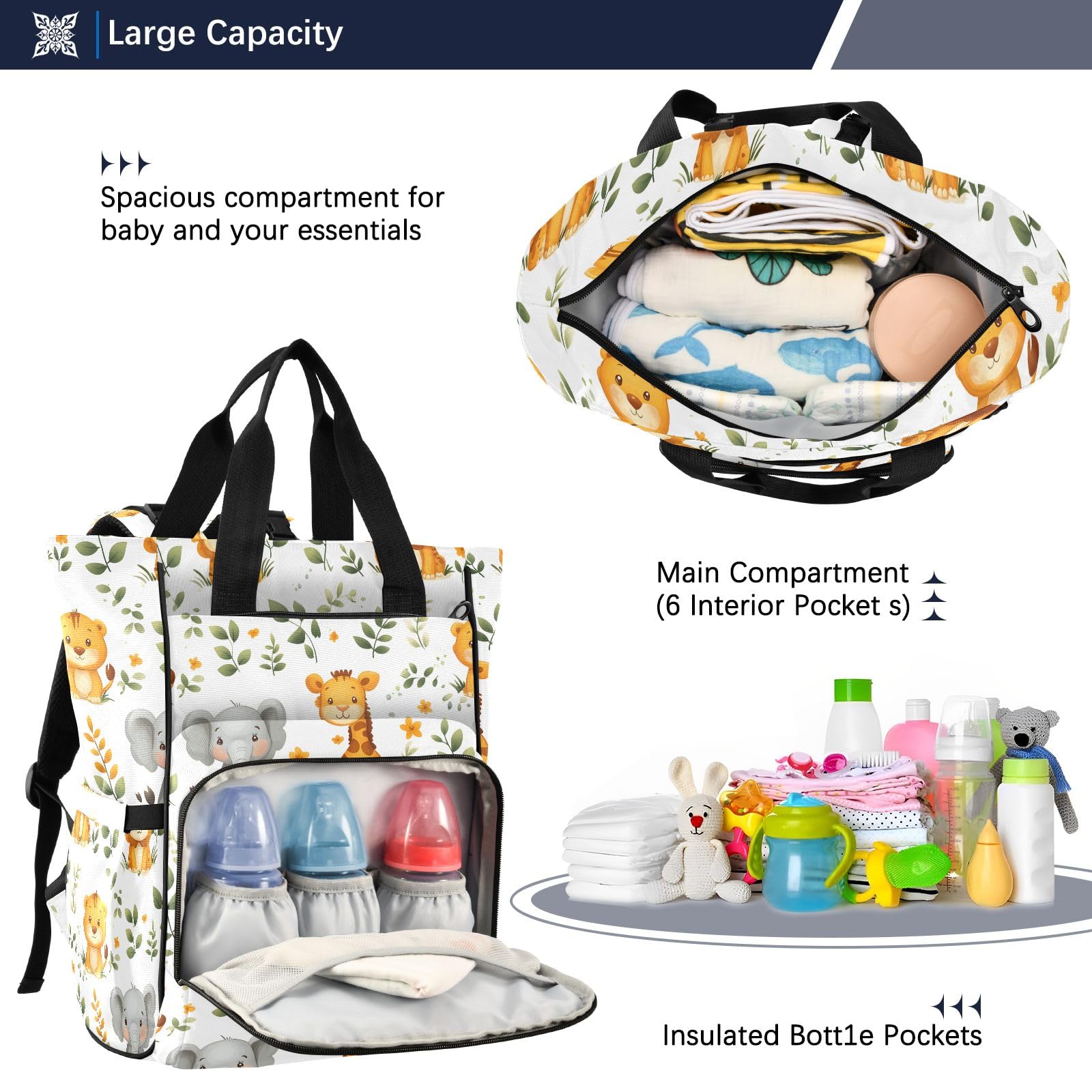Mnsruu Borsa per pannolini per bambini, con motivo animali, elefante, tigre, borsa grande, impermeabile, da viaggio, per mamme e papà