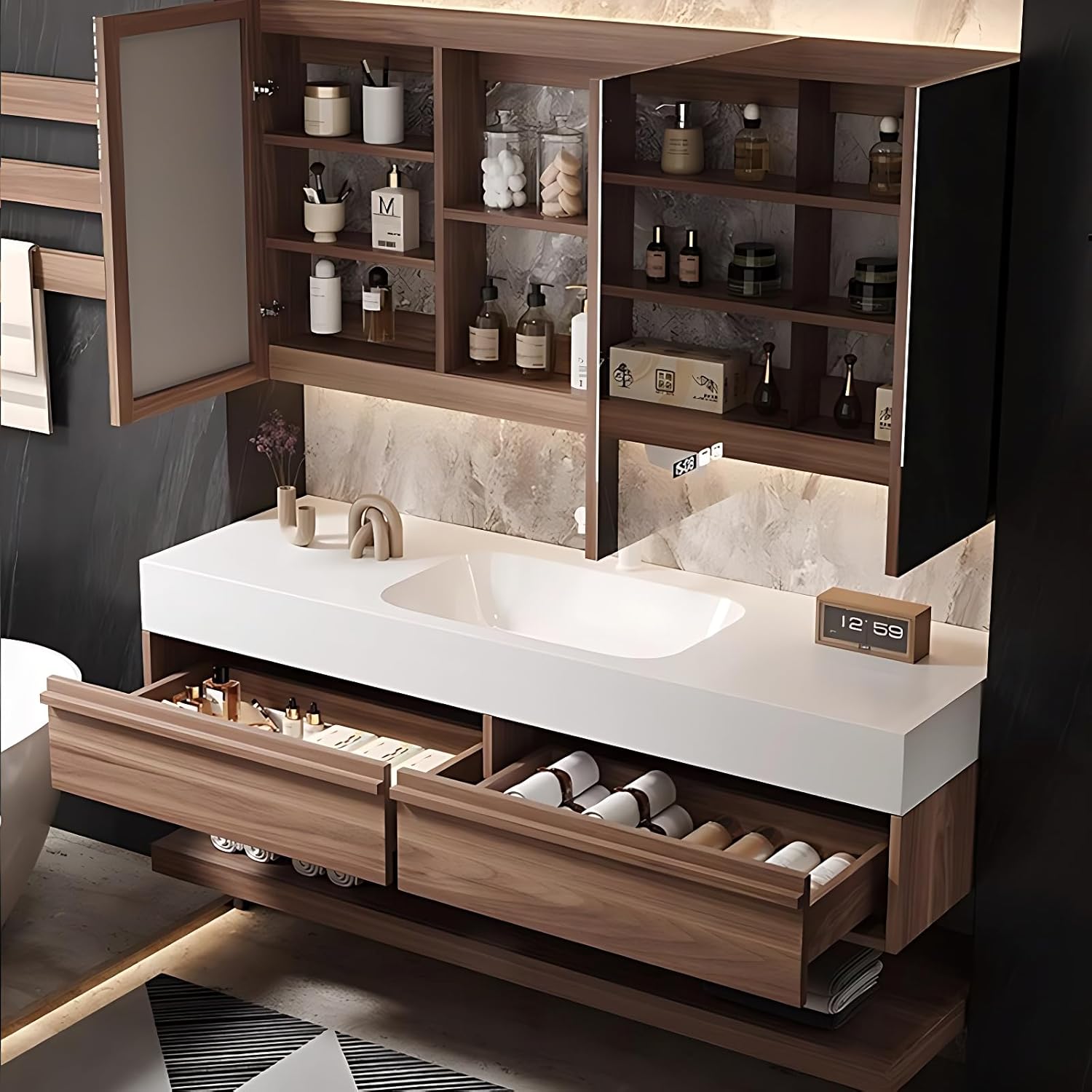 Modern Bathroom Vanity with Sink - Floating Bathroom Vanity with Smart LED Defog Mirror Medicine Cabinet, Solid Wood Bathroom Sink Cabinet with 2 Drawers (36IN)