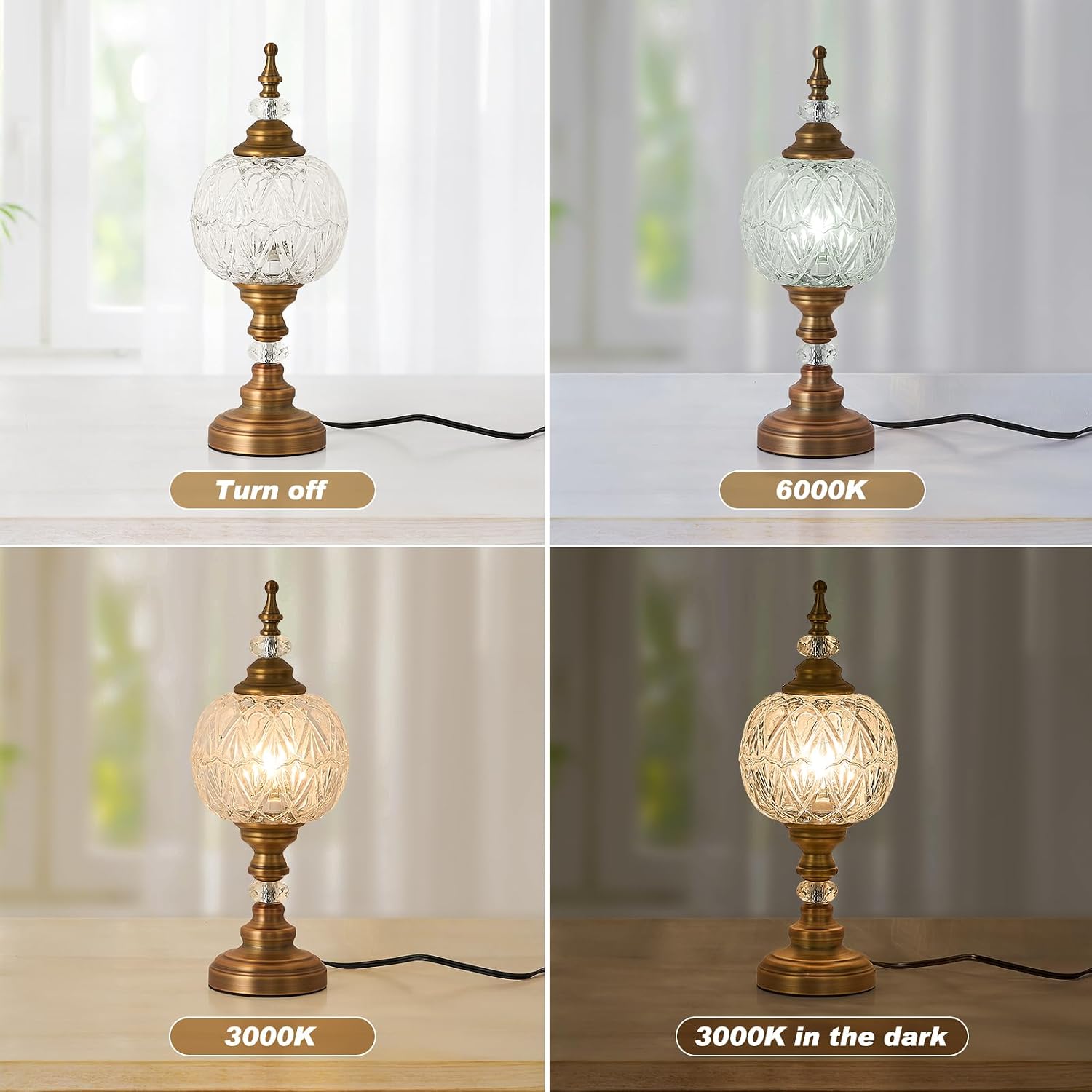 Vintage Glass Table Lamps Brass Metal Desk Lamp 1 Light Table Light with Plug Switch for Bedroom Living Room Home Office Game Room