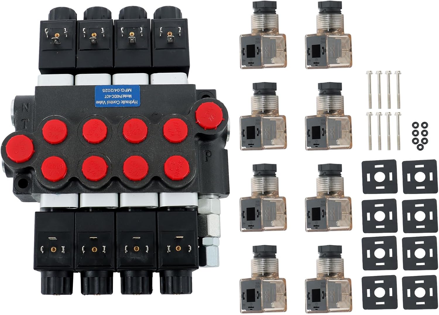 4 Spool Solenoid 12V DC Hydraulic Control Valve Double Acting 13GPM Hydraulic Solenoid Directional Valve 3600PSI Inlet port Outlet port SAE10 Working ports SAE8
