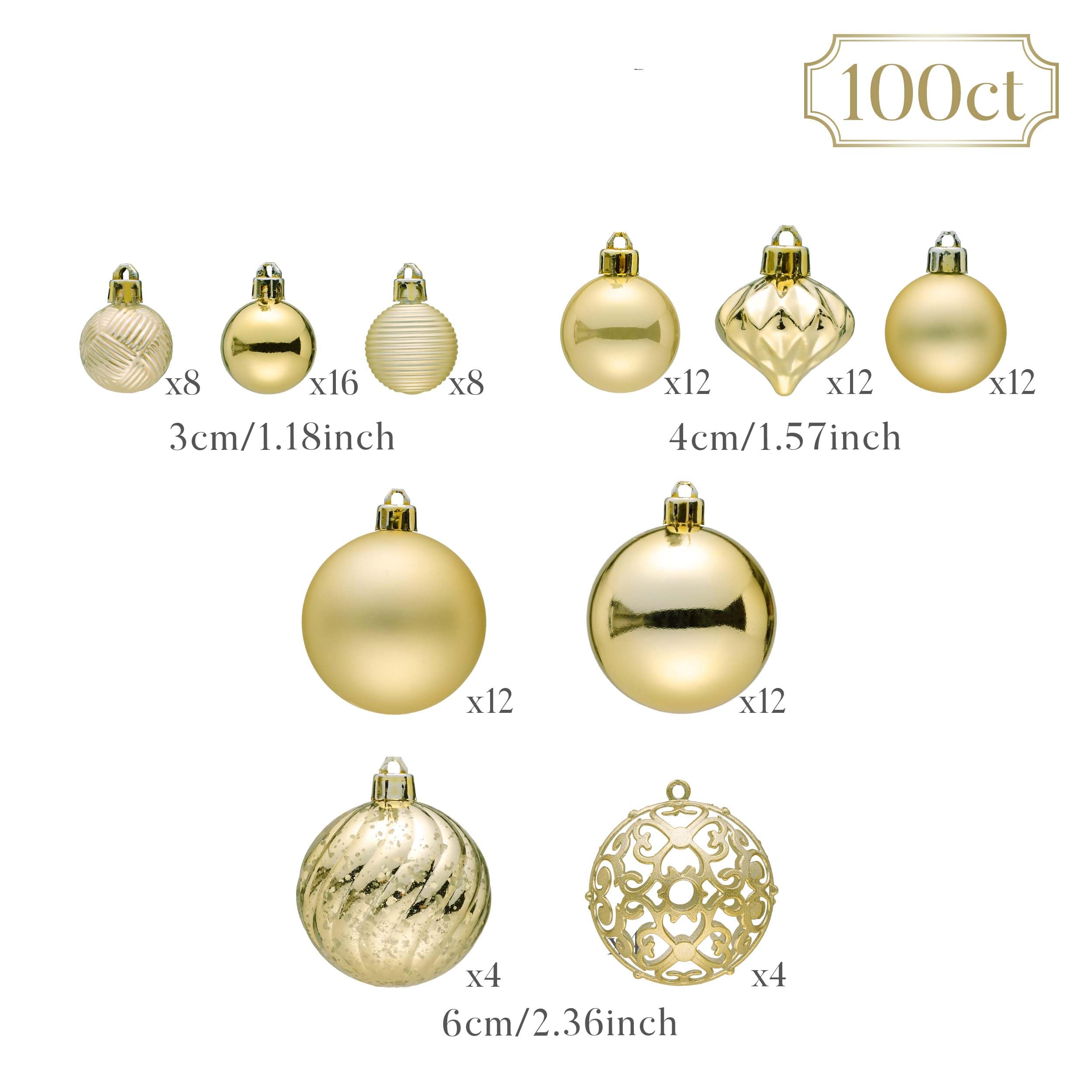 Valery Madelyn Lot de 100 boules de Noël avec paquet cadeau - Décoration de sapin de Noël avec crochet - Thème doré