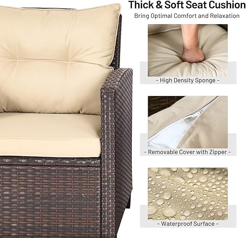 Miniatura 4 de Toolsempire Juego de muebles de mimbre de 3 piezas para patio, juego de sofá para exteriores con cojín resistente al agua y mesa de vidrio templado,