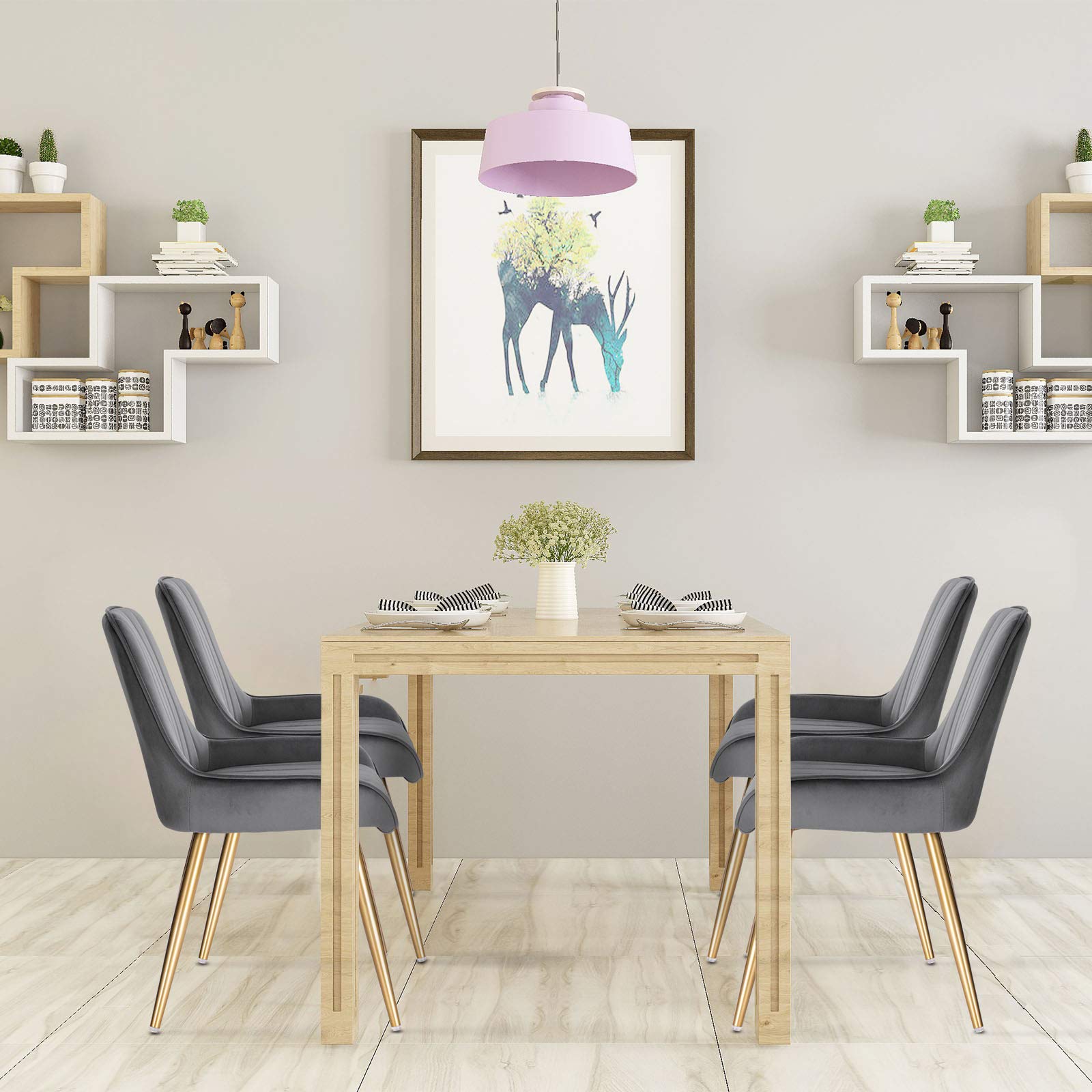 4er Set Vintage Samt Esszimmerstühle mit Metallbeinen für Küchentheke und Wohnzimmer Dunkelgrau