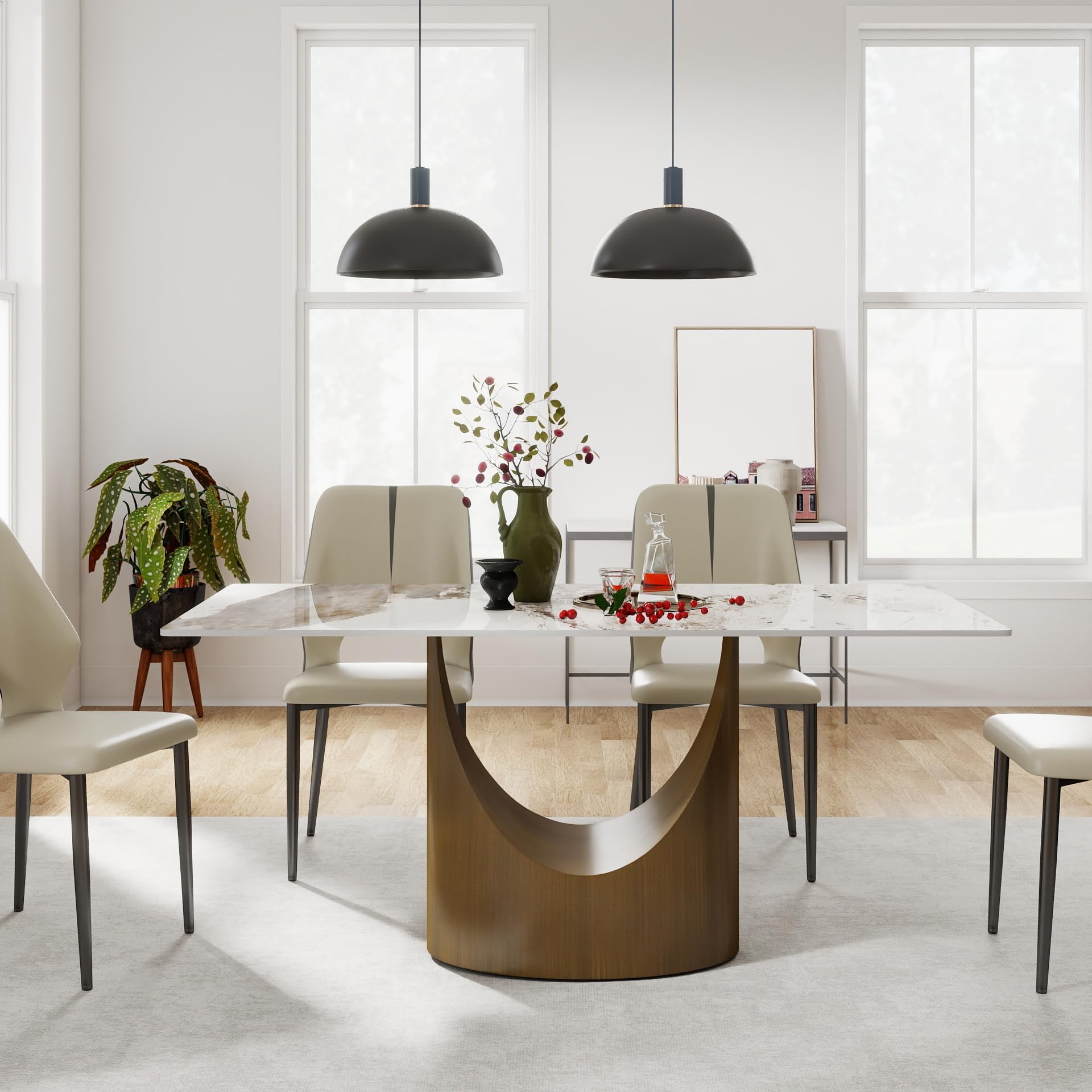 63" Modern Dining Table for 4-6, White Rectangle Dining Table, Sintered Stone Dining Tabletop with U-Shape Carbon Steel Pedestal (Table Only)