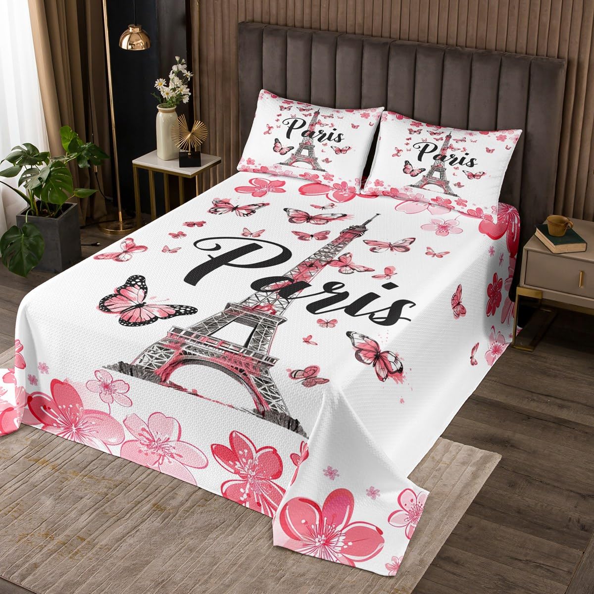 Castle Fairy Eiffel Tower Coverlet Set Twin Size Watercolor Cherry Blossom Bedspread Fashion Room Decor Wild Butterfly Animal Quilted for Girls Gift Paris Romantic Bedspread with 1 Pillowcase