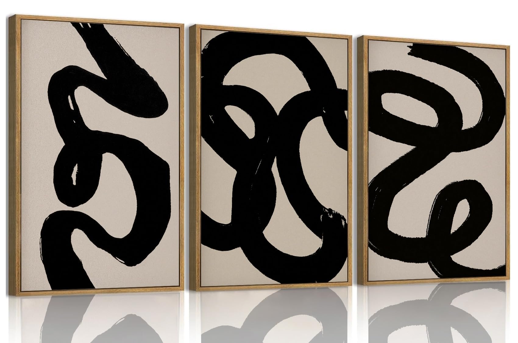 OIQArtOIQ 3 Piece Large Abstract Canvas Wall Art For Living Room Black and Beige Framed Wall Art Lines Boho Minimalist Modern Aesthetic Art Prints Artwork For Bedroom Office Dining Room 24x36 in