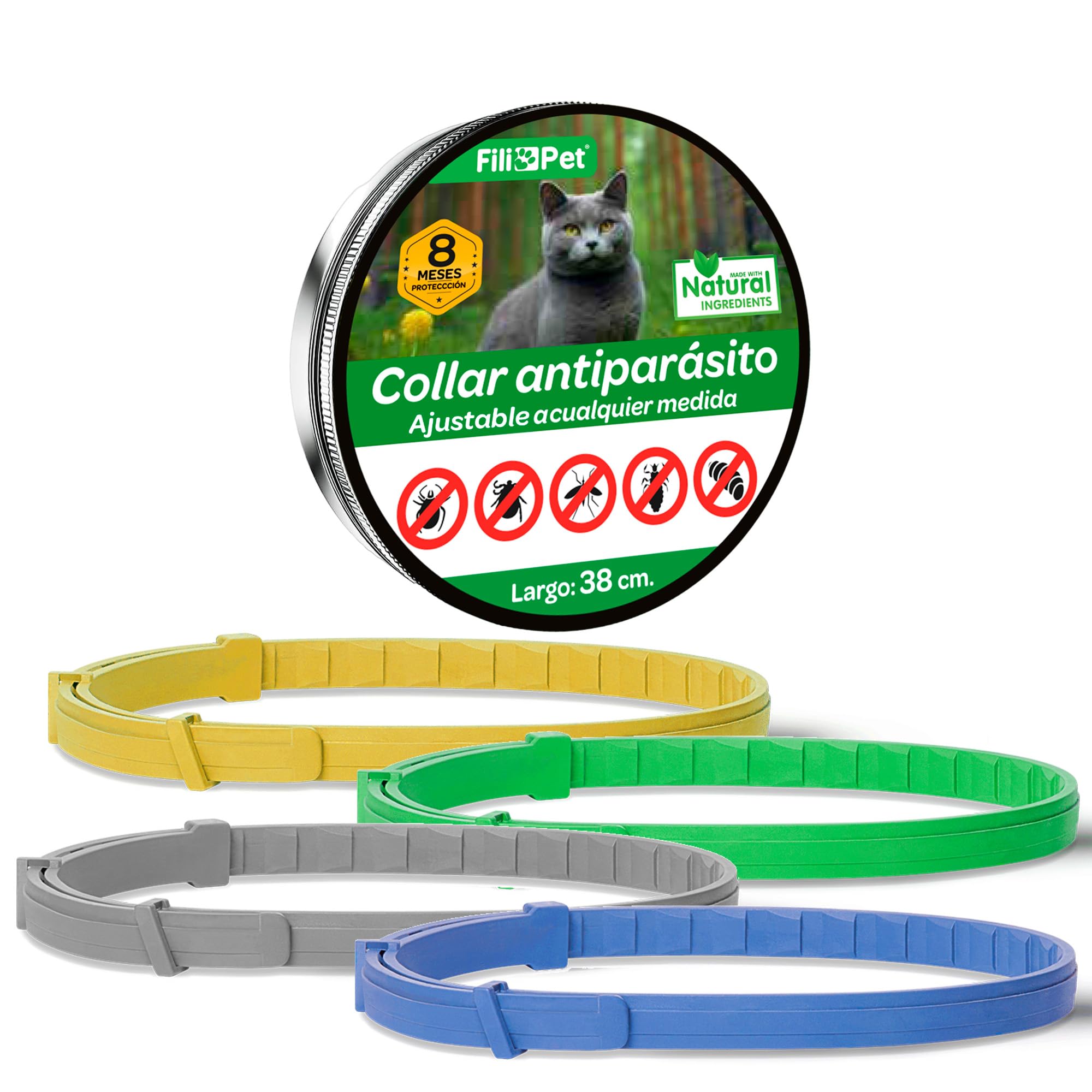 Collar Antiparasitario para Gato en, 8 Meses de Protección, Eficaz contra Pulgas, Garrapatas, Mosquitos y Piojos, Resistente al Agua, 38 cm de Largo, Ajustable (Amarillo)