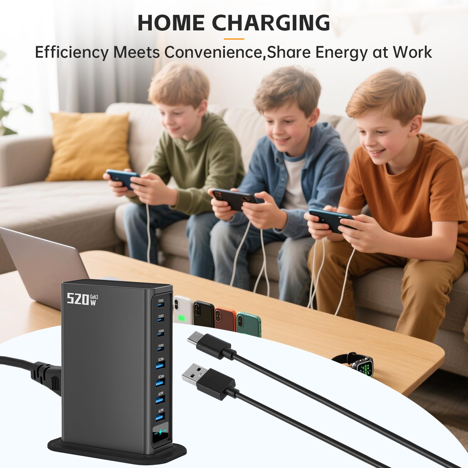 Blok ładowarki USB C 520 W | 8 portów GaN szybka stacja ładująca koncentrator | PD 100 W typ C i USB A ładowarka do laptopa | do MacBooka Air/Pro, iPhone'a, iPada, konsol do gier | podróż do użytku