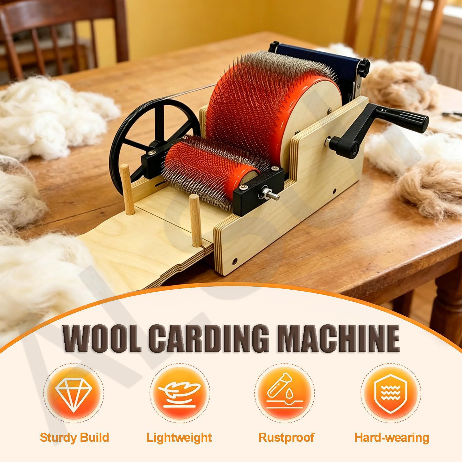 Kardiermaschine für Wolle | Manuelle Wollkardiermaschine | Holztrommel Trommelkarder | Zum Kämmen Mischen Spinnen Filzen | für DIY Filzherstellung & Filztier Bastelprojekte 12cm