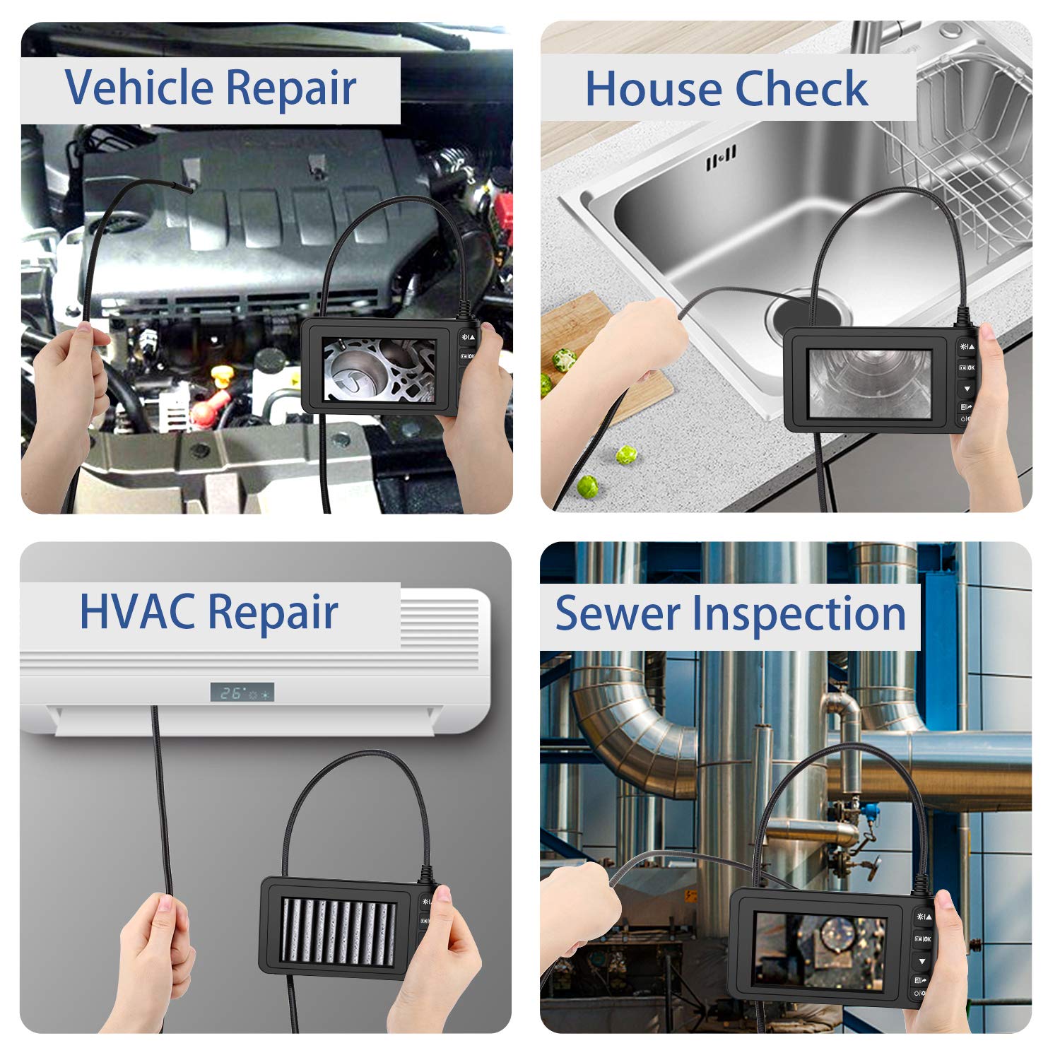Vier Tafeln zeigen verschiedene Anwendungsbereiche des Endoskops: Fahrzeugreparatur, Hausinspektion, Reparatur von Heizungs-, Lüftungs- und Klimaanlagen sowie Kanalinspektion.
