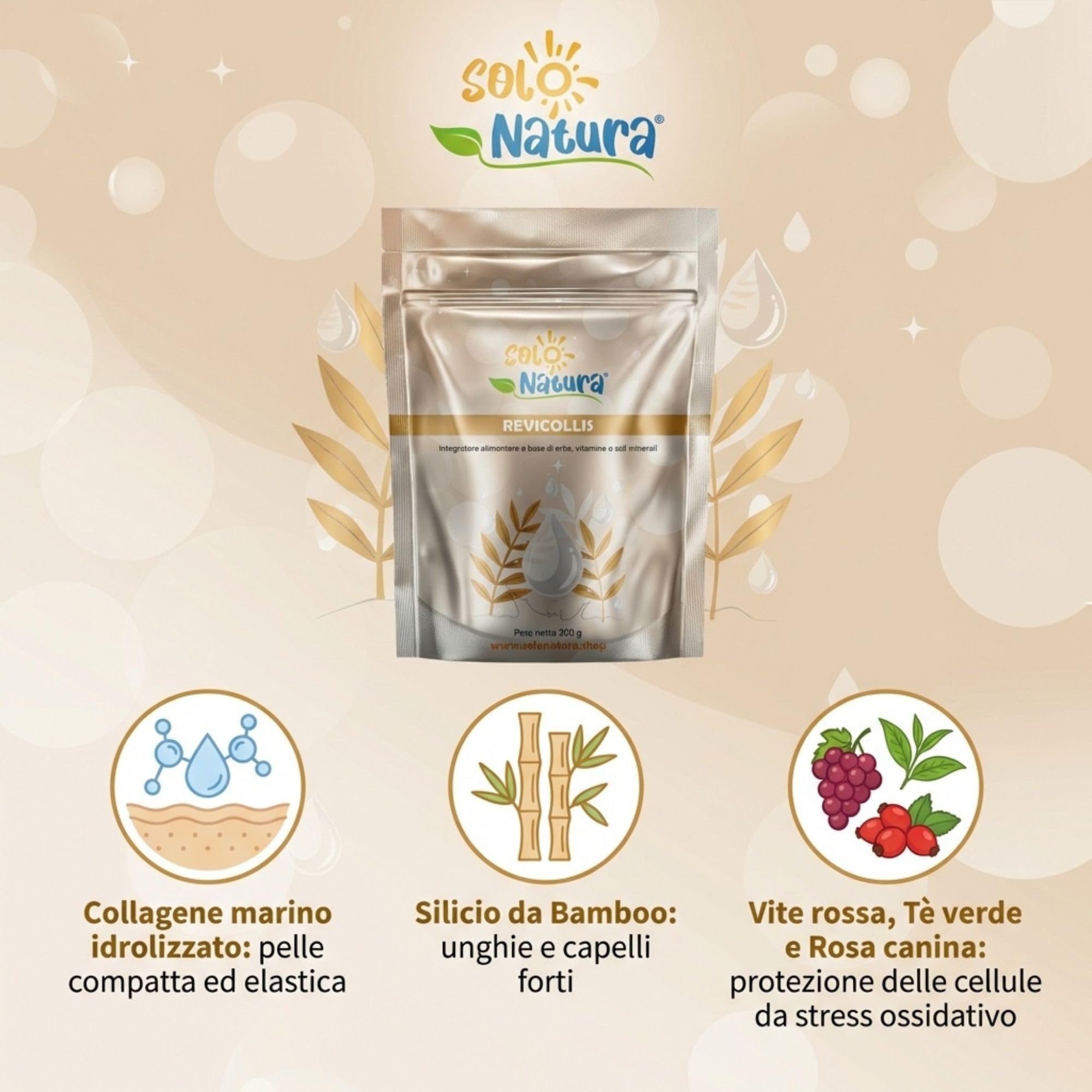 Integratore con Collagene Marino Idrolizzato in Polvere da Bere REVICOLLIS. Integratore Alimentare per Pelle Unghie e Capelli con Collagene Vitamina C Zinco e Selenio. 200 G