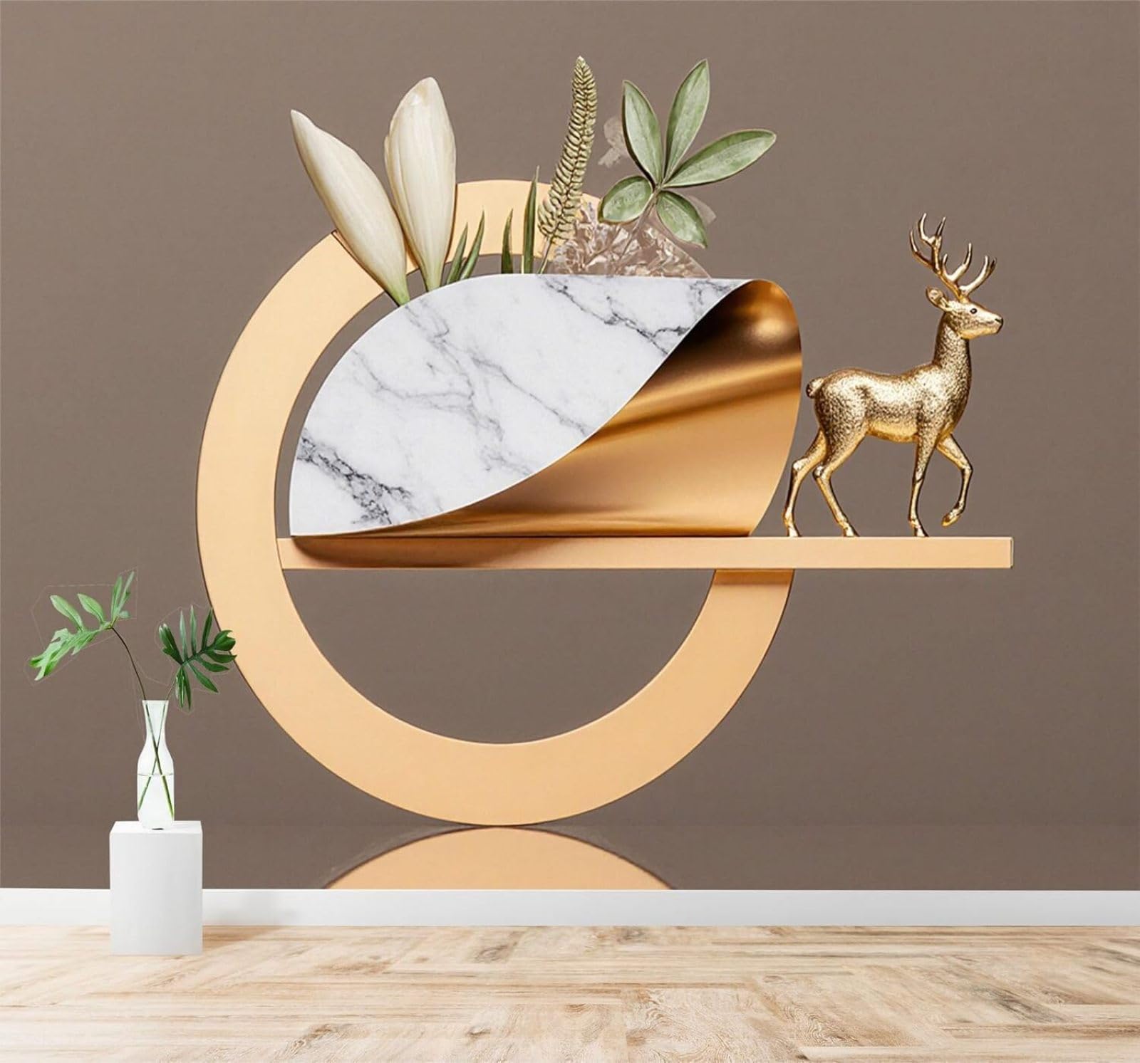 XLMING Golden Deer Marble Vase Green Leaves Minimalist Art 3D Wallpaper Silky Texture Home Study Office Grey Dining Room Sofa Bedroom Living Room TV Backdrop-350cm×256cm