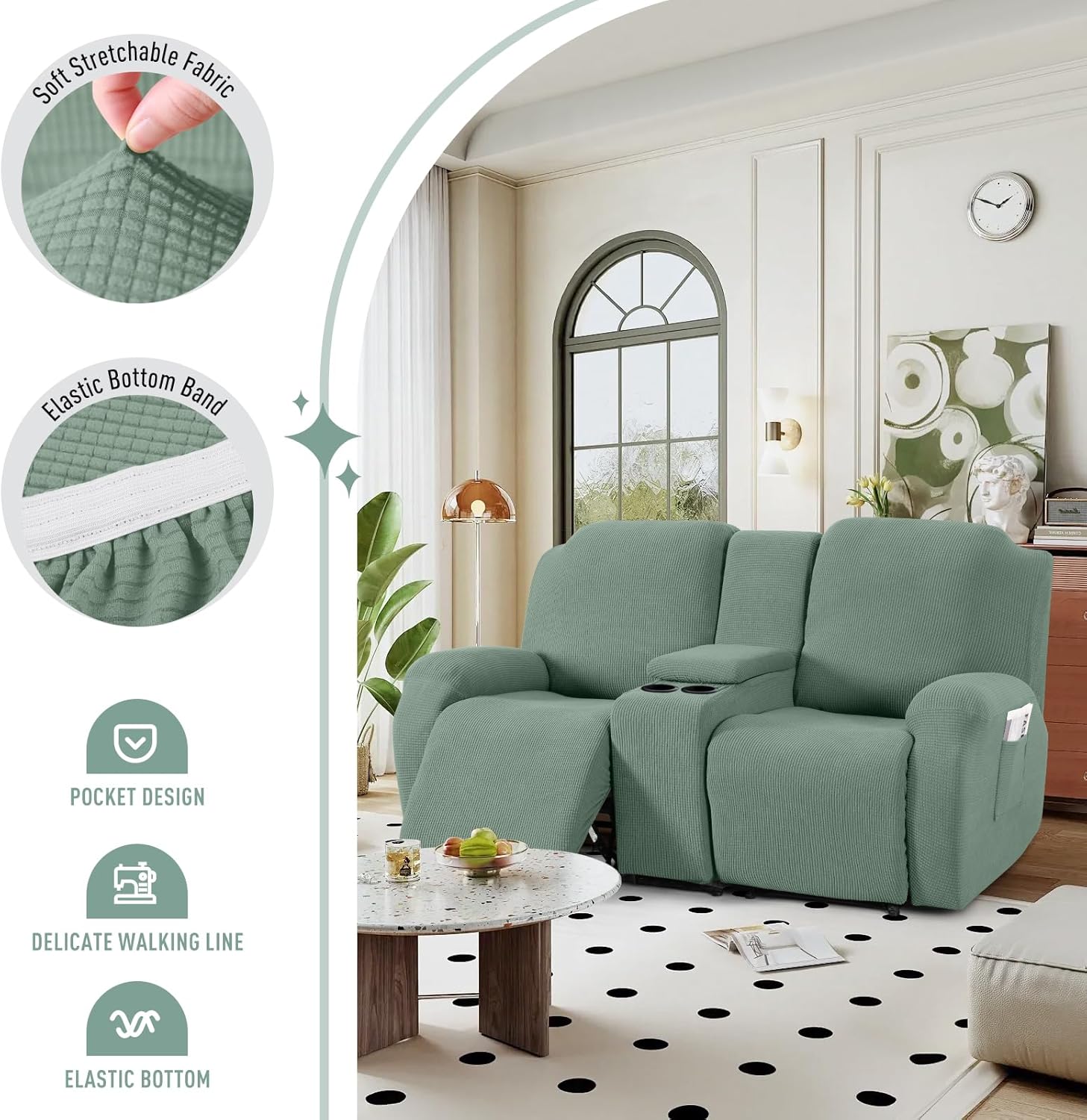 TAOCOCO Recliner Loveseat Cover with Middle Console & Recliner Chair Covers & Recliner Sofa Covers for 3 Seat, Sage Green