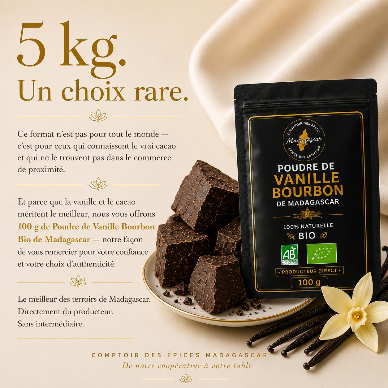Masse de Cacao Cérémonial 5kg (10x500g) | 100% Pur | Direct Producteur | Notre Coopérative | + Vanille Bourbon BIO 100g Offerte | COMPTOIR DES EPICES MADAGASCAR