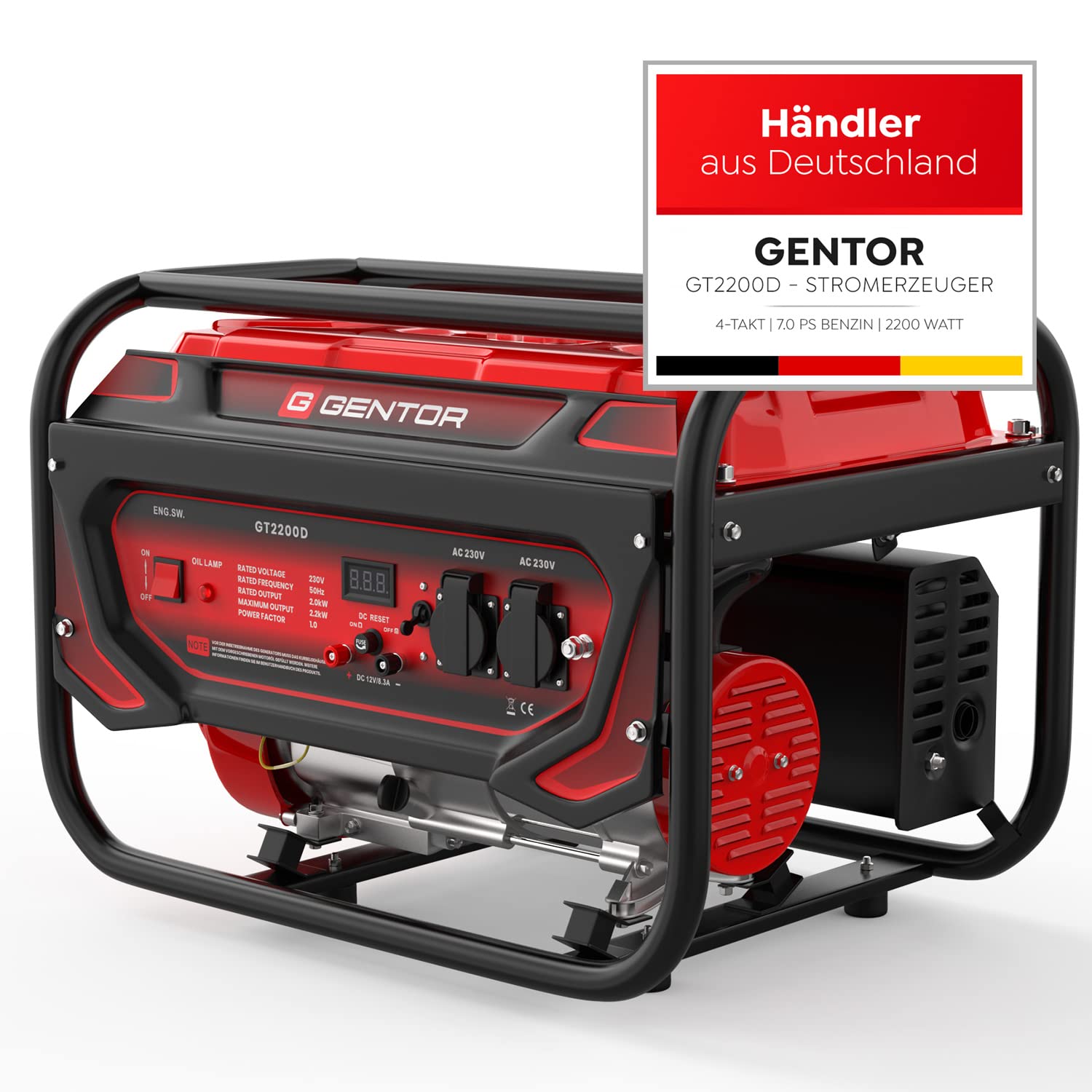 GENTOR Generador de Energía de Emergencia de Gasolina Tranquila 2200 Vatios 7.0HP, Motor de 4 Tiempos, 2x 230V, 1x 12V, Pull-Start, Para Acampar