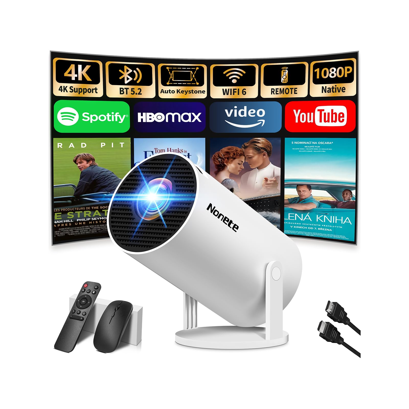 [Integrated App & 2026 Upgraded] Projector 4K 1080P Mini Portable Projector with WiFi 6 Bluetooth5.2 Auto Correction Trapezoidal 270° Rotation Compatible with HDMI/USB/PC, White