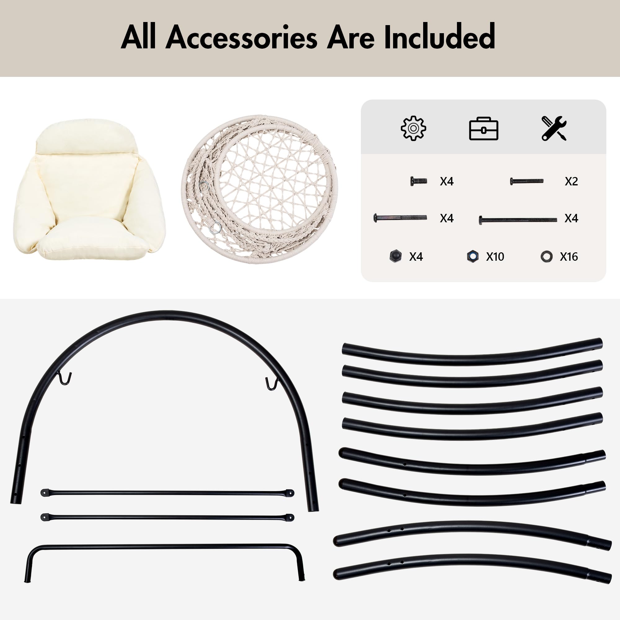 Silla hamaca de macramé con soporte, soporte para silla colgante resistente con silla oscilante, incluye cojín acolchado de lujo, máximo 400 libras, natural 7