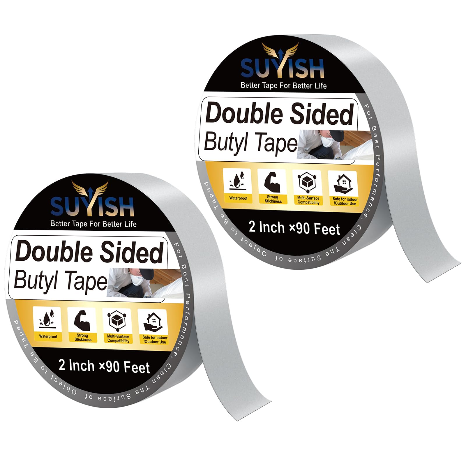 Lot de 2 rubans d'étanchéité butyle double face 5,1 cm x 228,6 m – Ruban butyle noir pour ramper, béton, brique, calcaire et autres fondations de sous-sol (imperméable, résistant aux intempéries