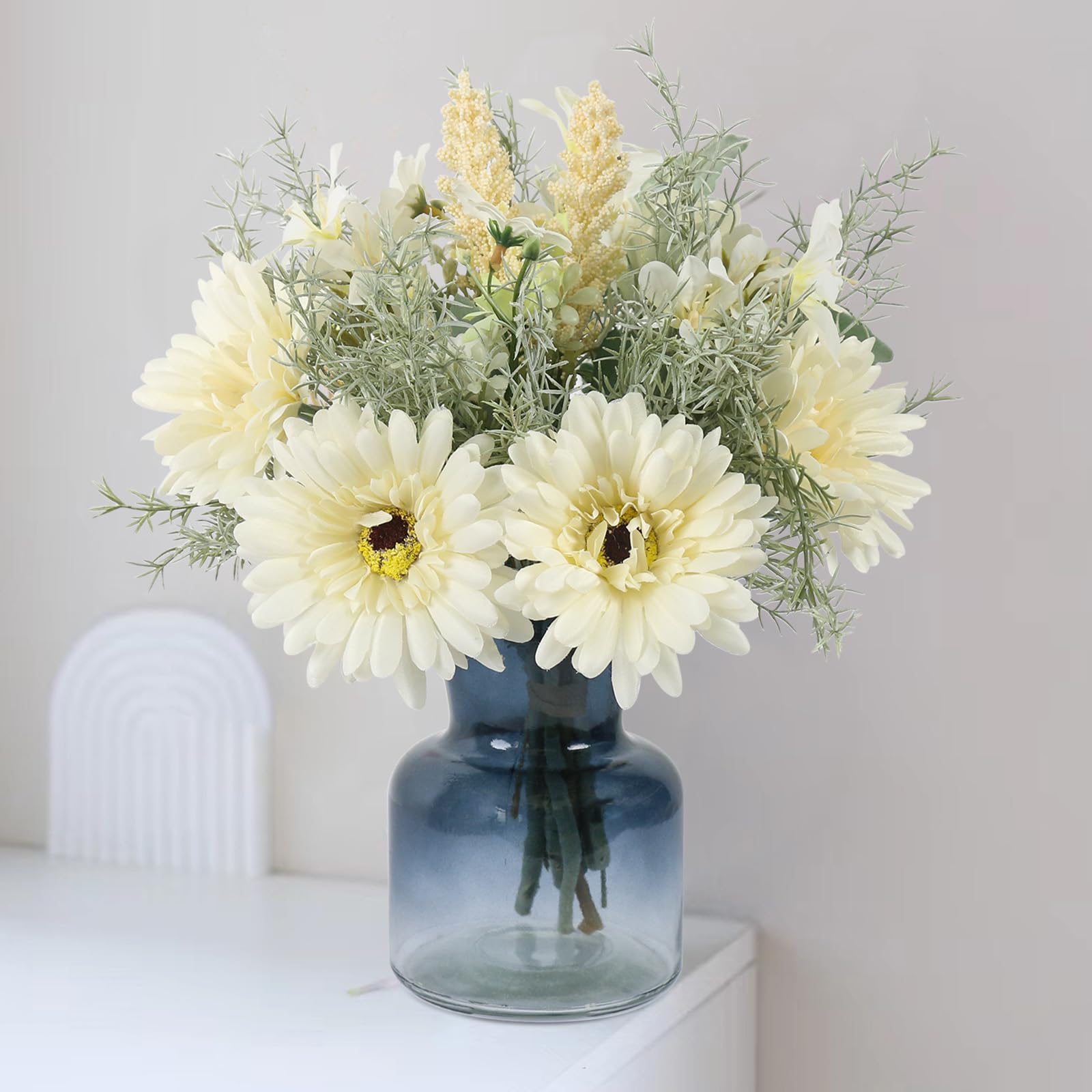 Leftover Fake Flowers in Vase,Faux Flowers Arrangement in Vase,Daisy Artificial Flowers with Vase Home Decor,Silk Flowers in Vase Table Centerpieces Rustic Farmhouse Decor