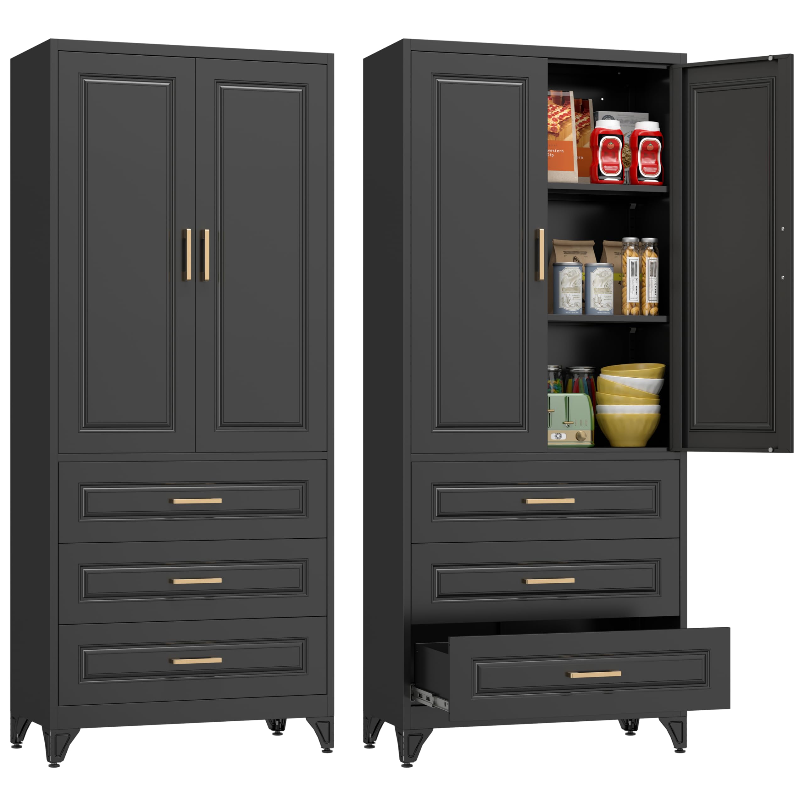 Polup 75" Metal Storage Cabinet, Kitchen Pantry Cabinet with 3 Drawers