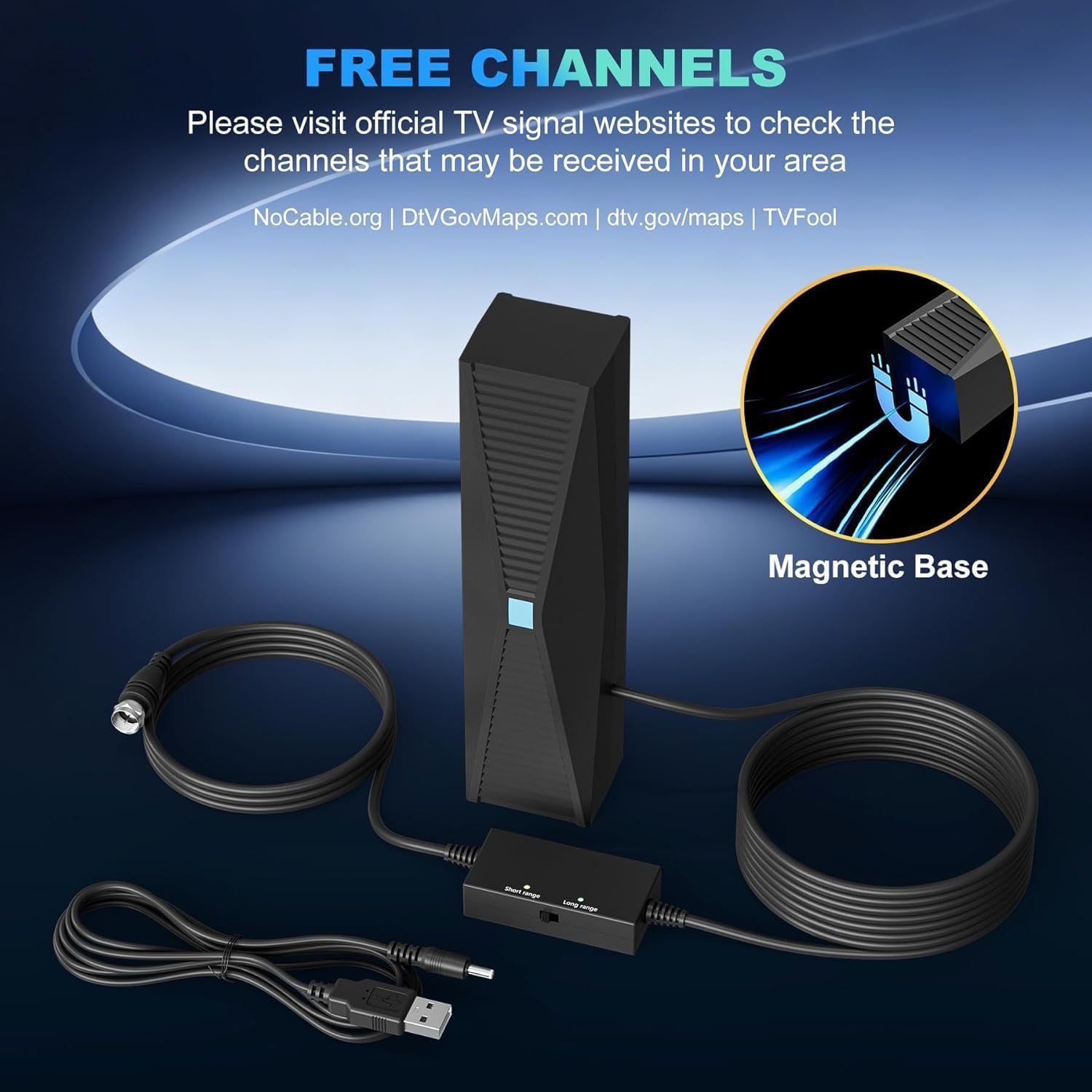 Antena de TV para televisores inteligentes y antiguos, más de 2500 millas de alcance más fuerte, antena de TV digital HD para interiores, compatible con 4K 1080P VHF UHF, recepción de largo alcance de
