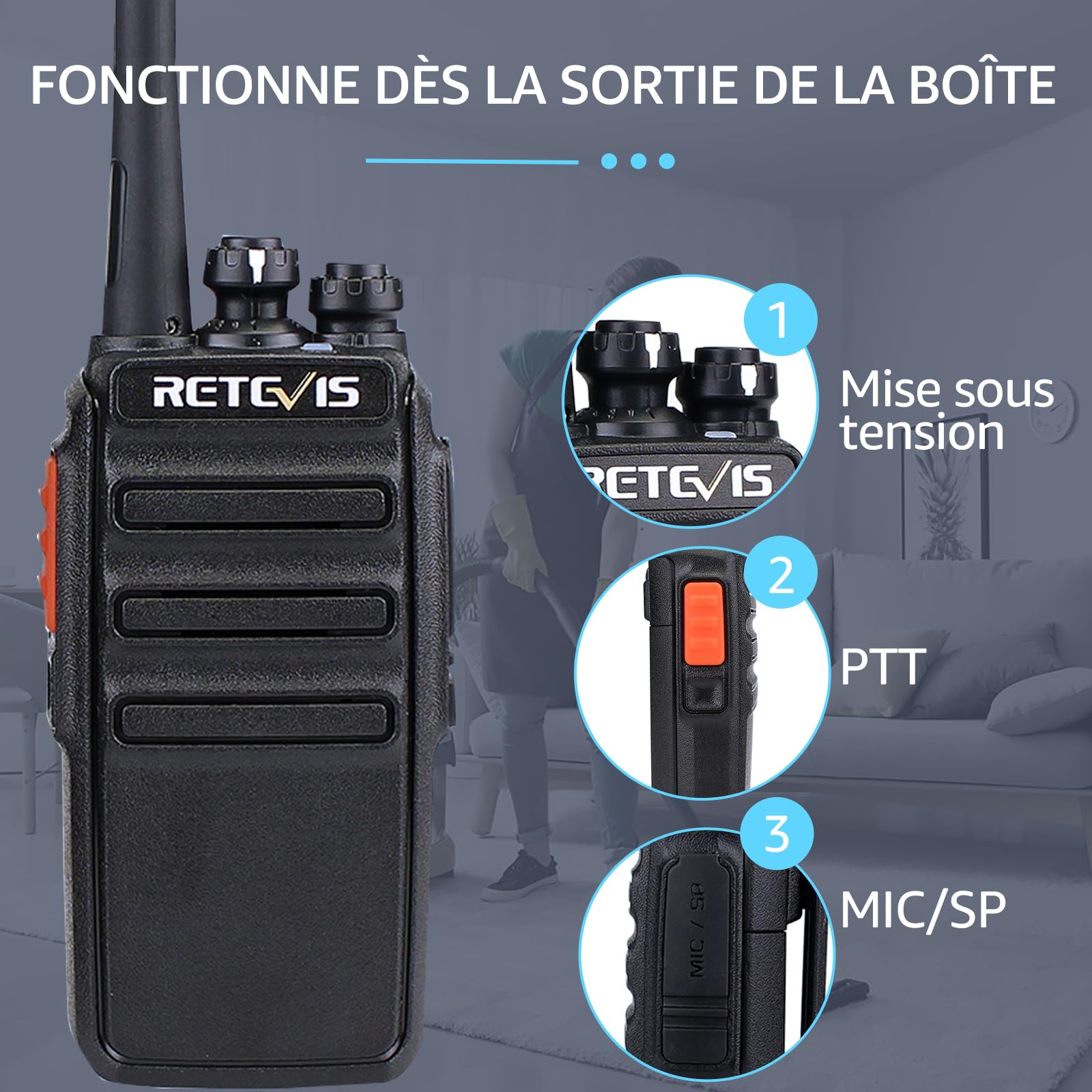 Retevis RT24 Plus Talkie Walkie, Longue Portée Professionnel, PMR446 Talkies-Walkies Radio Portable, Rechargeable avec Oreillette et USB Base de Chargement, pour Randonnées, Camping (Noir, 1 Paire)
