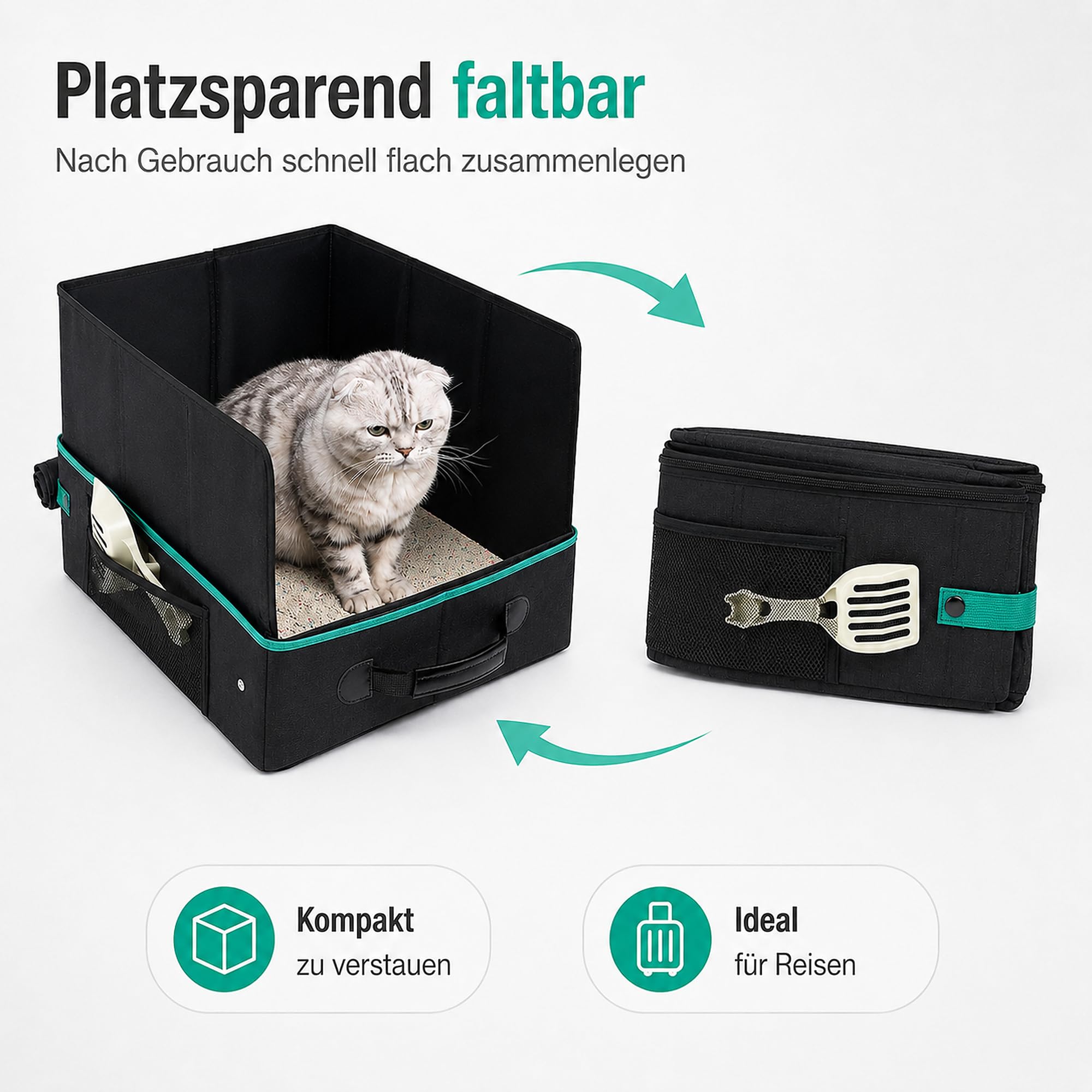 Lettiera pieghevole per gatti, edizione da viaggio, 50 x 40 x 28 cm: lettiera portatile per gatti con coperchio con cerniera, leggera, impermeabile, da viaggio, sonora, accessorio per auto e campeggio