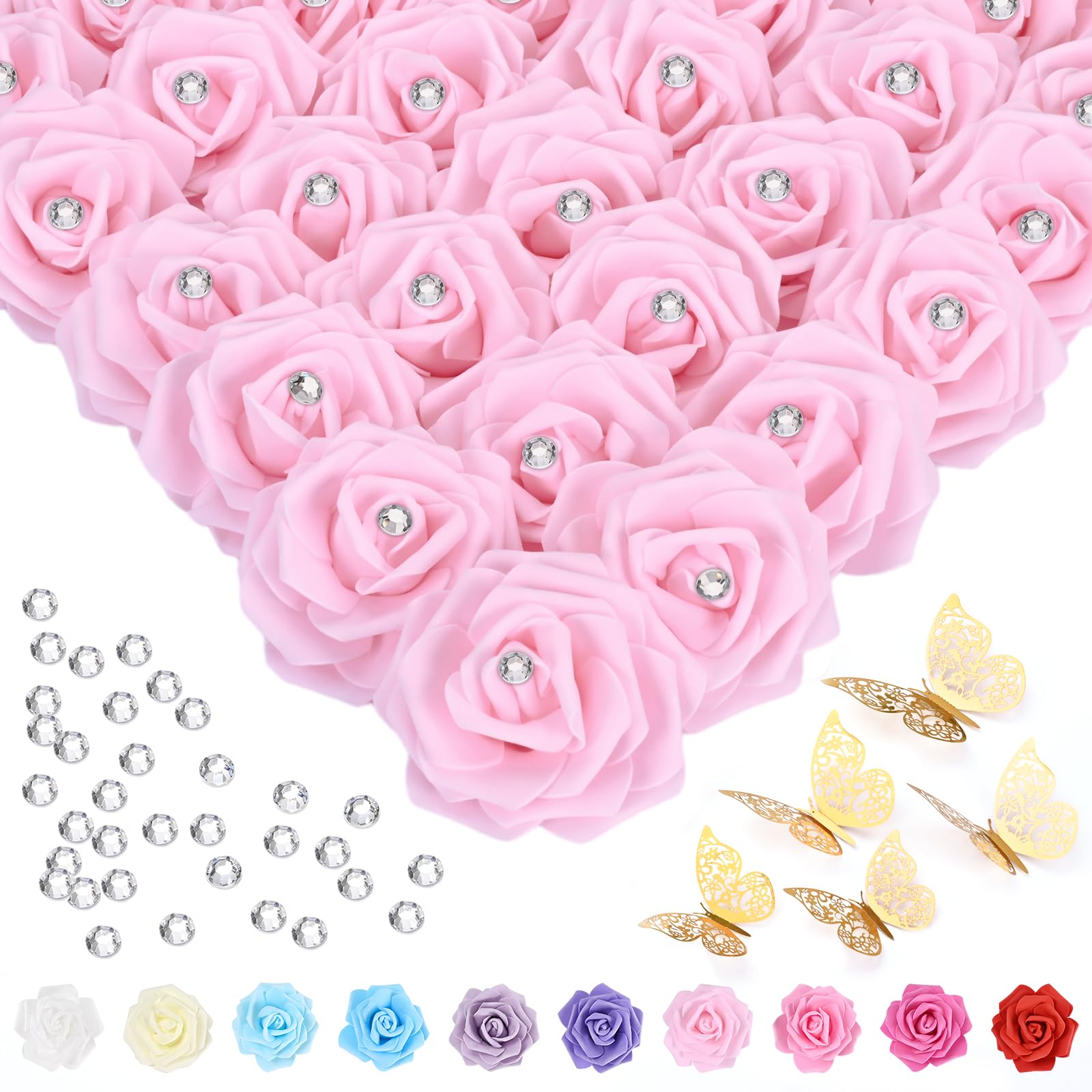 Yastouay 110Pcs 3.5inch Foam Rose Heads Light Pink Artificial Flowers Bulk Fake Foam Roses Stemless with Rhinestones & Butterfly for DIY, Baby Bridal Shower Cake Home Wedding Decor