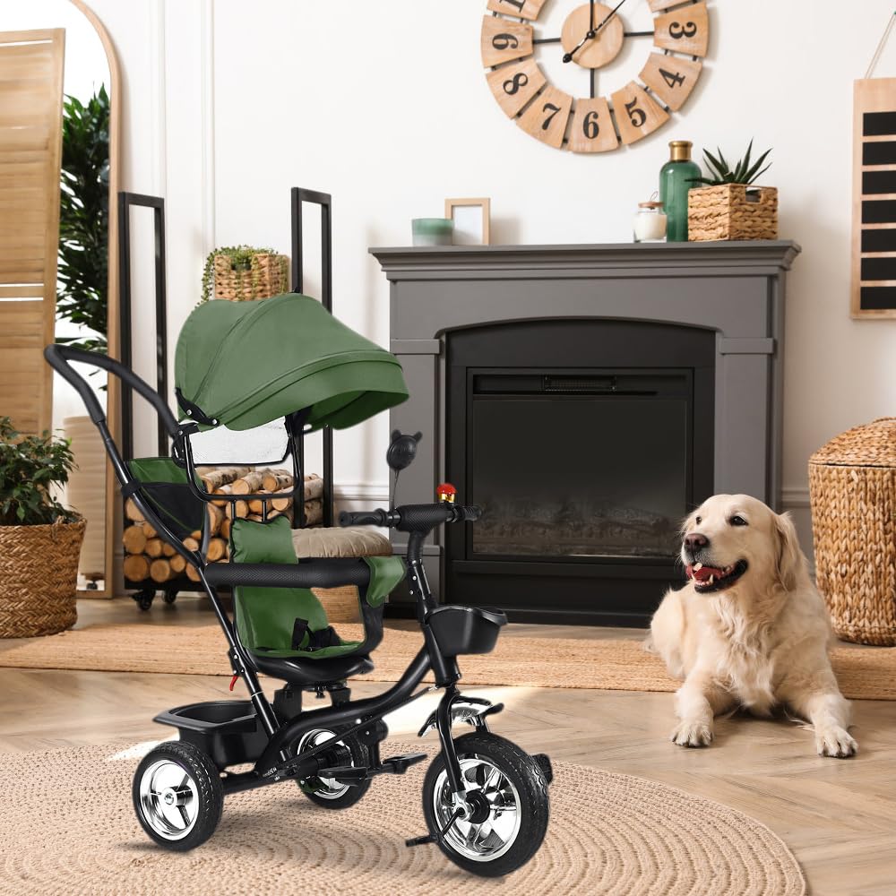 OHMG Triciclo bebé evolutivo 5 en 1 bicicleta. Silla de paseo con mango de empuje, toldo desmontable, cinturón de seguridad de 5 puntos, almacenamiento, reposapiés, freno, para niños de 1 a 5 años