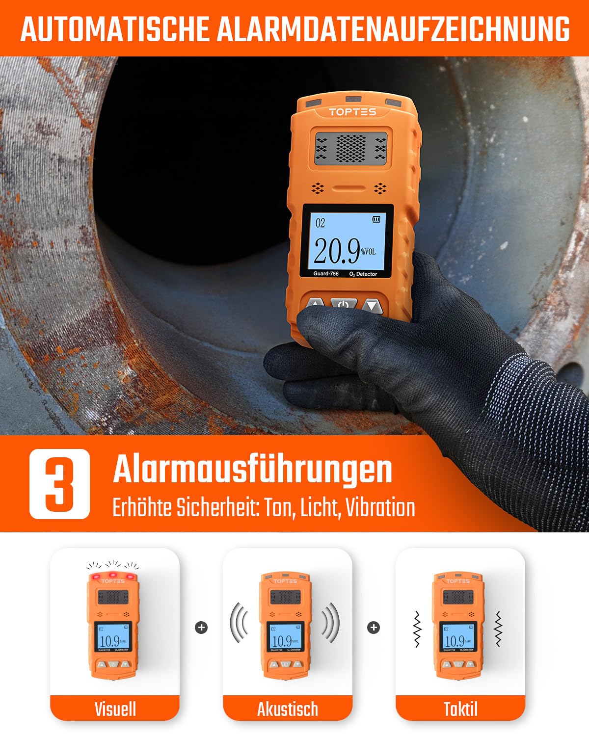 TopTes Guard-756 Sauerstoffdetektor, 0-30% VOL, Tragbarer O2-Monitor, 0,5 s Reaktion, Wiederaufladbar, mit Vibrations-, Licht- & Tonalarmen, Staub- und Explosionsgeschützt, für Arbeit und Zuhause