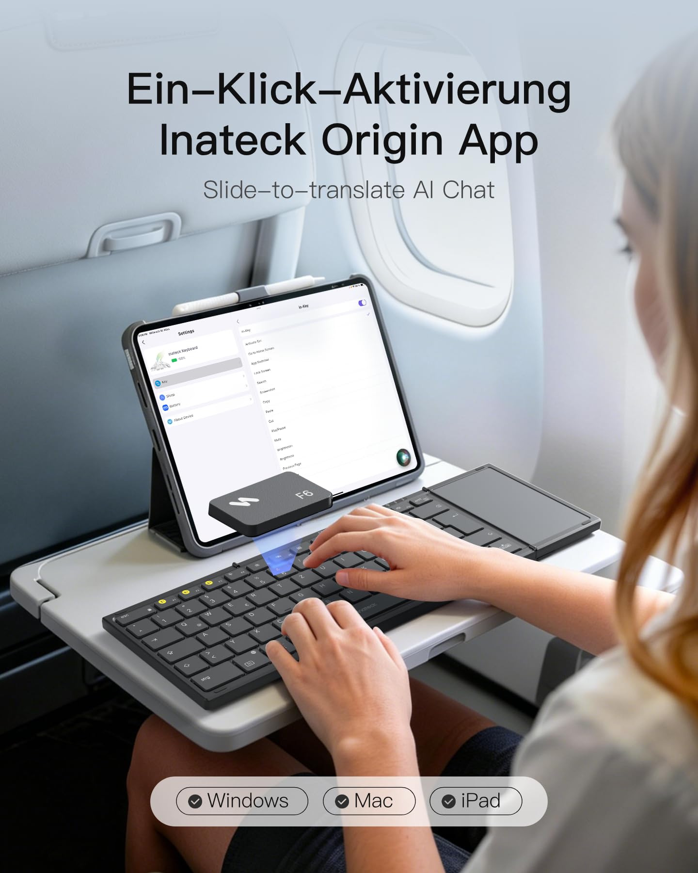 Inateck Faltbare Mini Tastatur, KI-Funktion mit Touchpad,3 Bluetooth-Kanälen, kompatibel mit iPadOS Android, Windows, QWERTZ, KB604