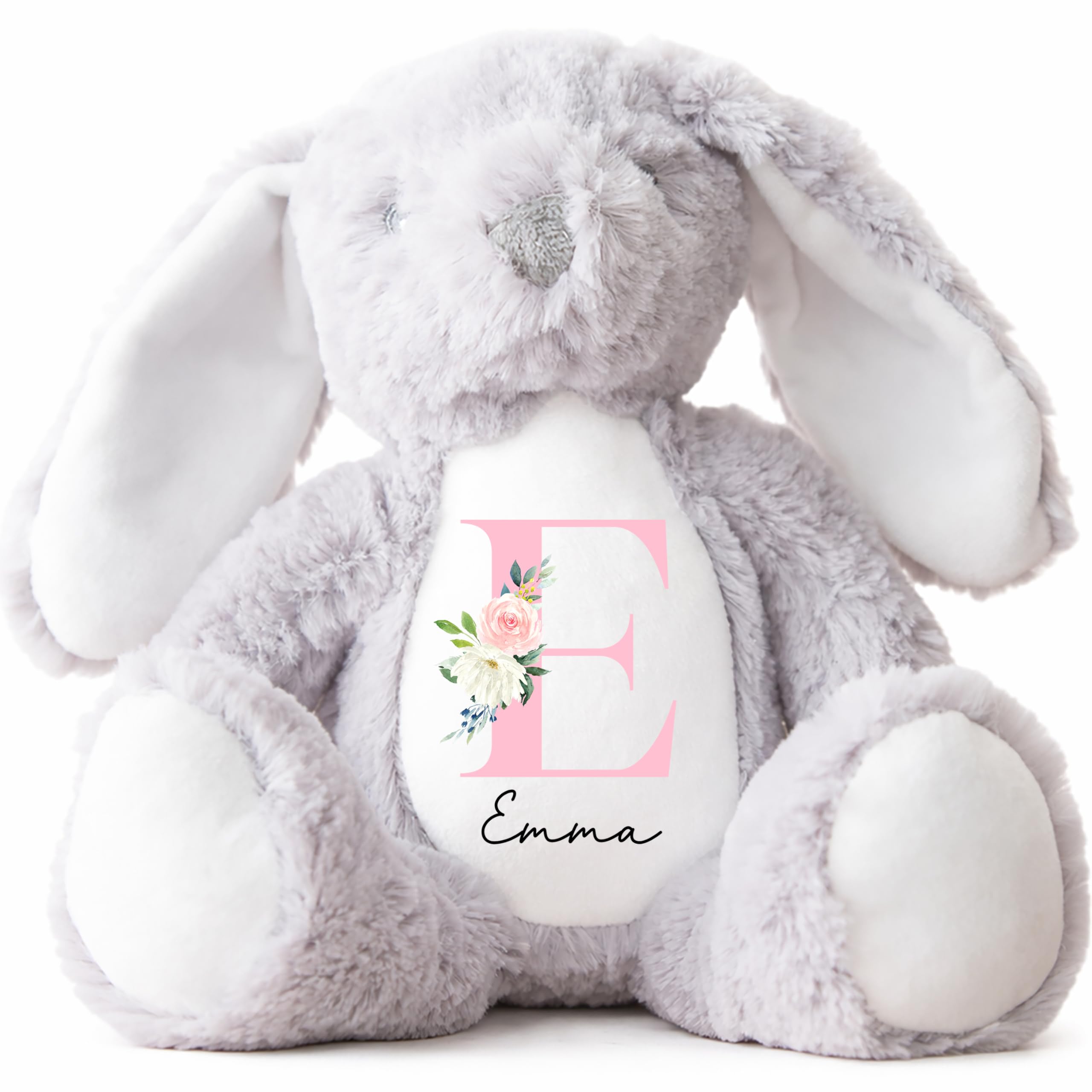 Personalised Teddy, Custom Children's Teddies | Grey Bunny Rabbit, Girls Birthday Teddy, Personalised Newborn Gift Ornament, Pink Floral