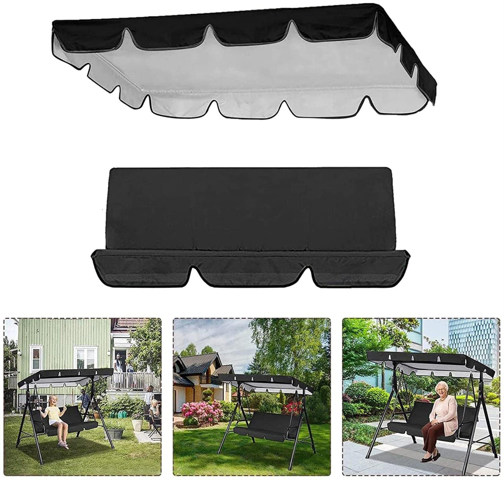 Tetto del Dondolo da Giardino Ricambio, Baldacchino per Sedia a Dondolo da Giardino + Sedile di Ricambio per 2/3 posti, Set di Copertura di Ricambio per Altalena a baldacchino Impermeabile, Tetto/Cop