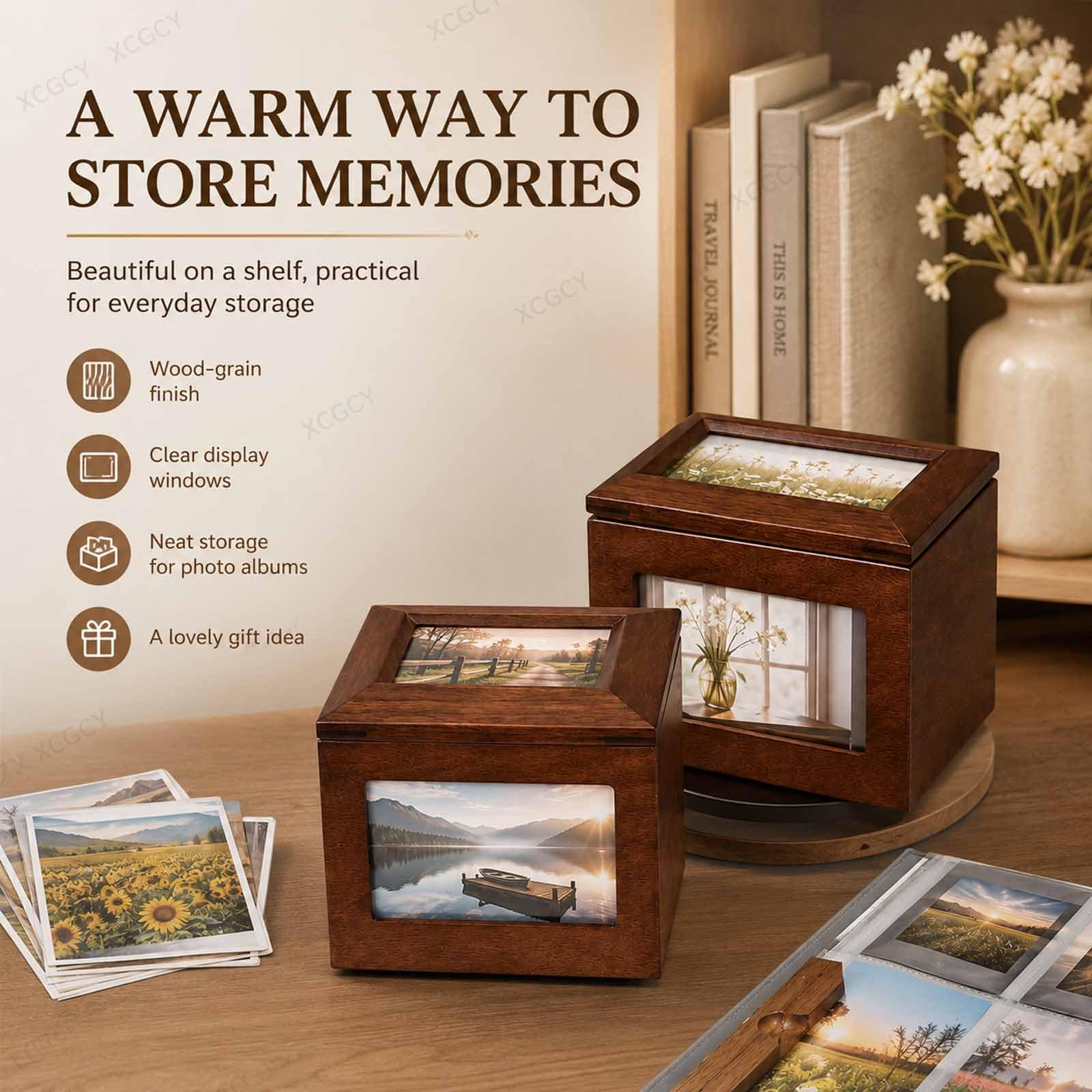 Drewniane pudełko na zdjęcia z 5 przesuwanymi albumami, kostka na ramkę na zdjęcia, pudełko albumowe 10 x 15 cm z przednią ramką, zawiera 100 zdjęć, prezent pamiątkowy DIY na wesela i płaski