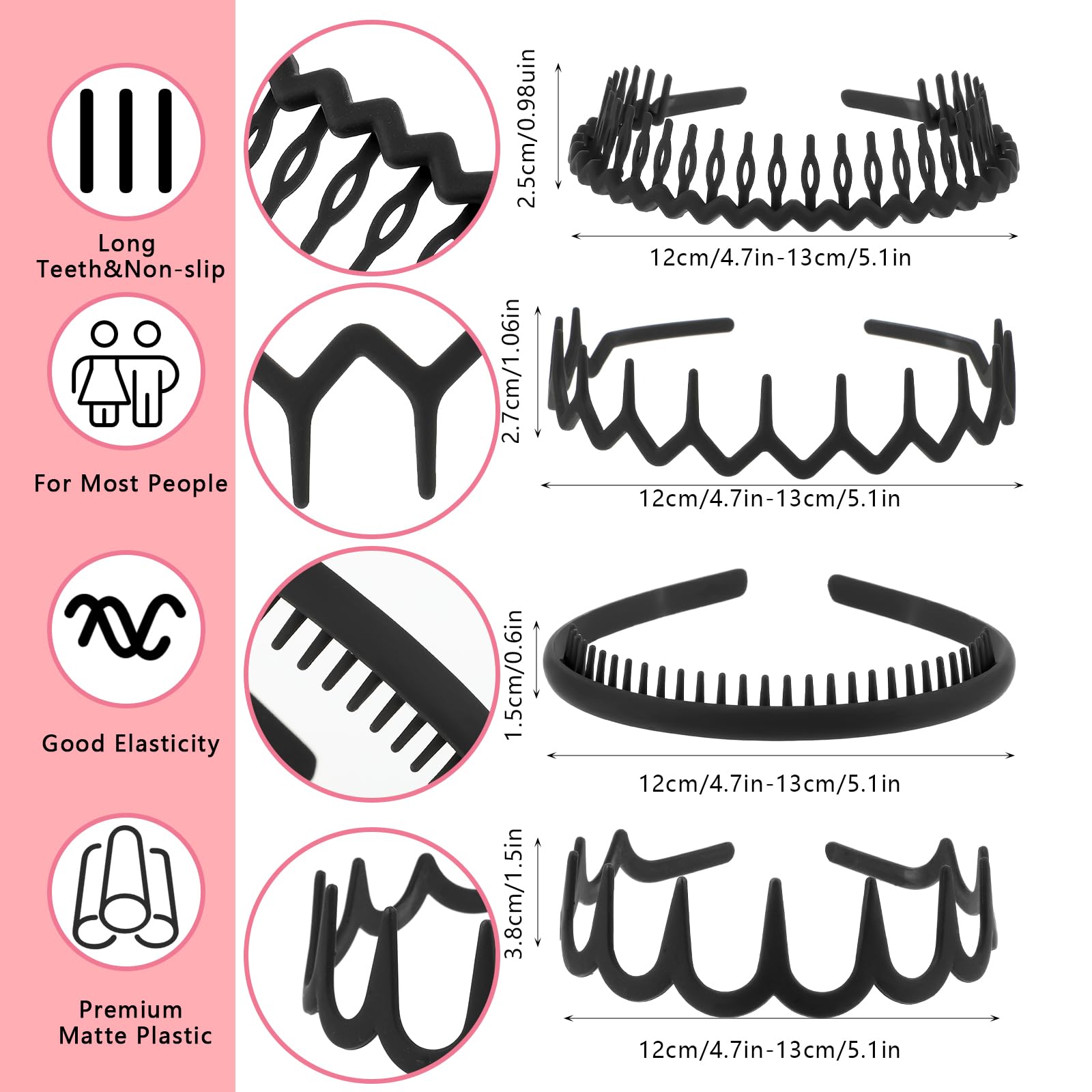 Qianyu 8 PCS Non Slip Plastic Headbands with Teeth Comb Black Skinny Hair Band Wavy Teeth Hairhoop Comfy Zig Zag Headbands Effortless Hairband Hair Accessories for Women Men Teen Girls - Image 2
