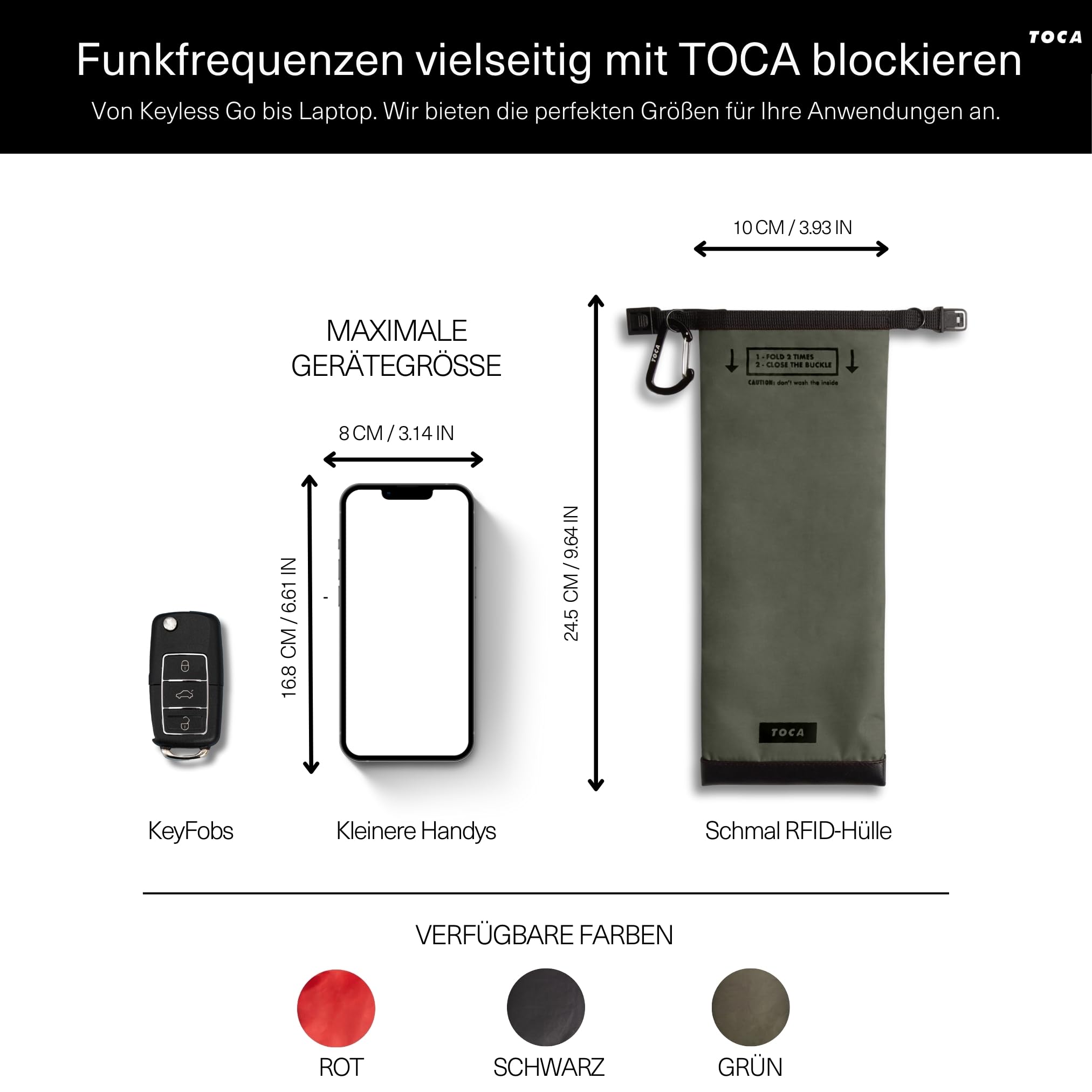 TOCA Faraday Bag No Signal Sleeve – Keyless Go Schutz, Anti-Tracking Faraday Tasche & RFID Blocker, Wasserfeste Handytasche mit EMF Shielding, Kompakte Datenhülle 24.5 x 10 cm