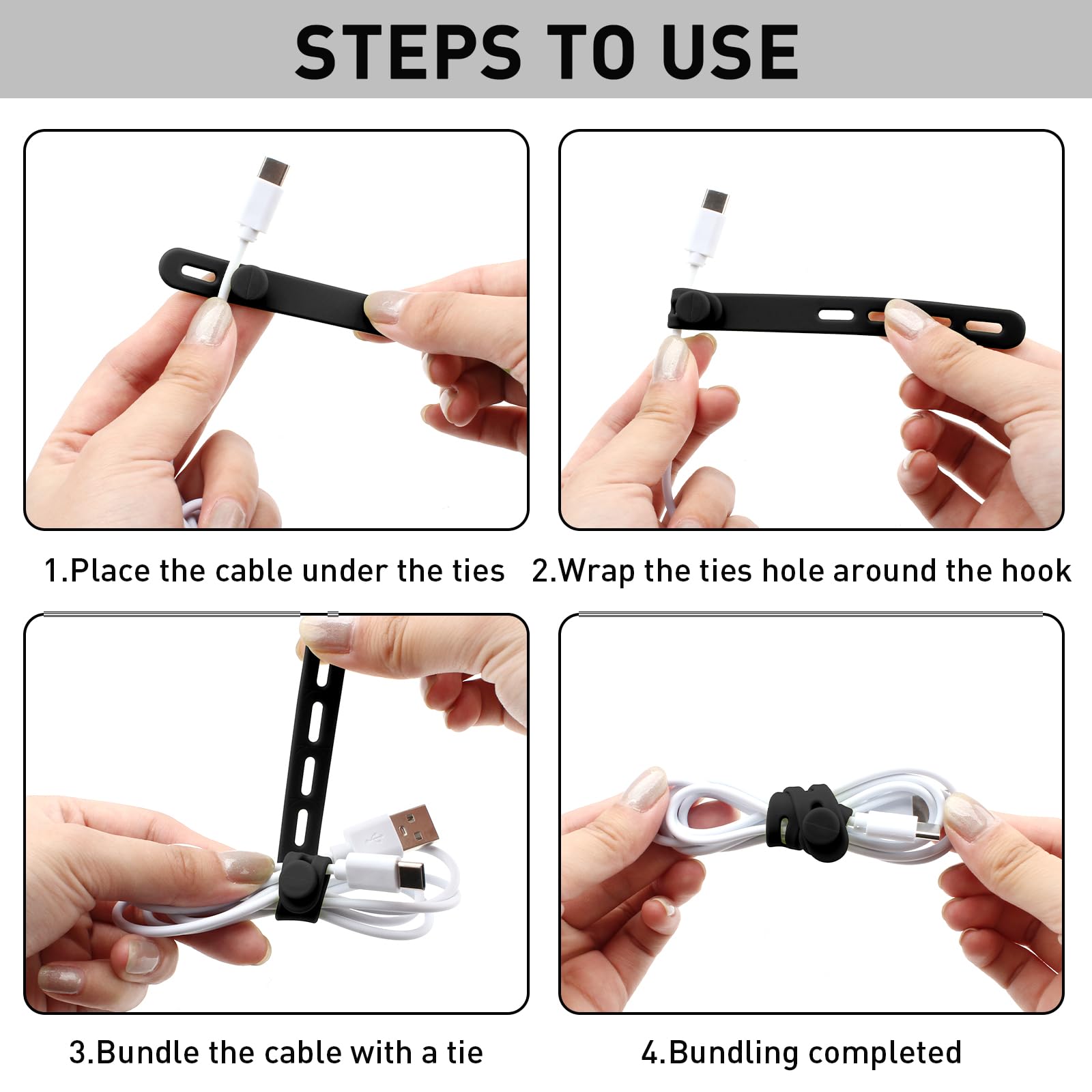 TamBee Silicone Cable Ties Reusable Cable Straps 16pcs Black Cable Wire Ties Cable Cord Organizers for Earphone Phone Charger Audio Cable Computer (16Pcs - Image 3