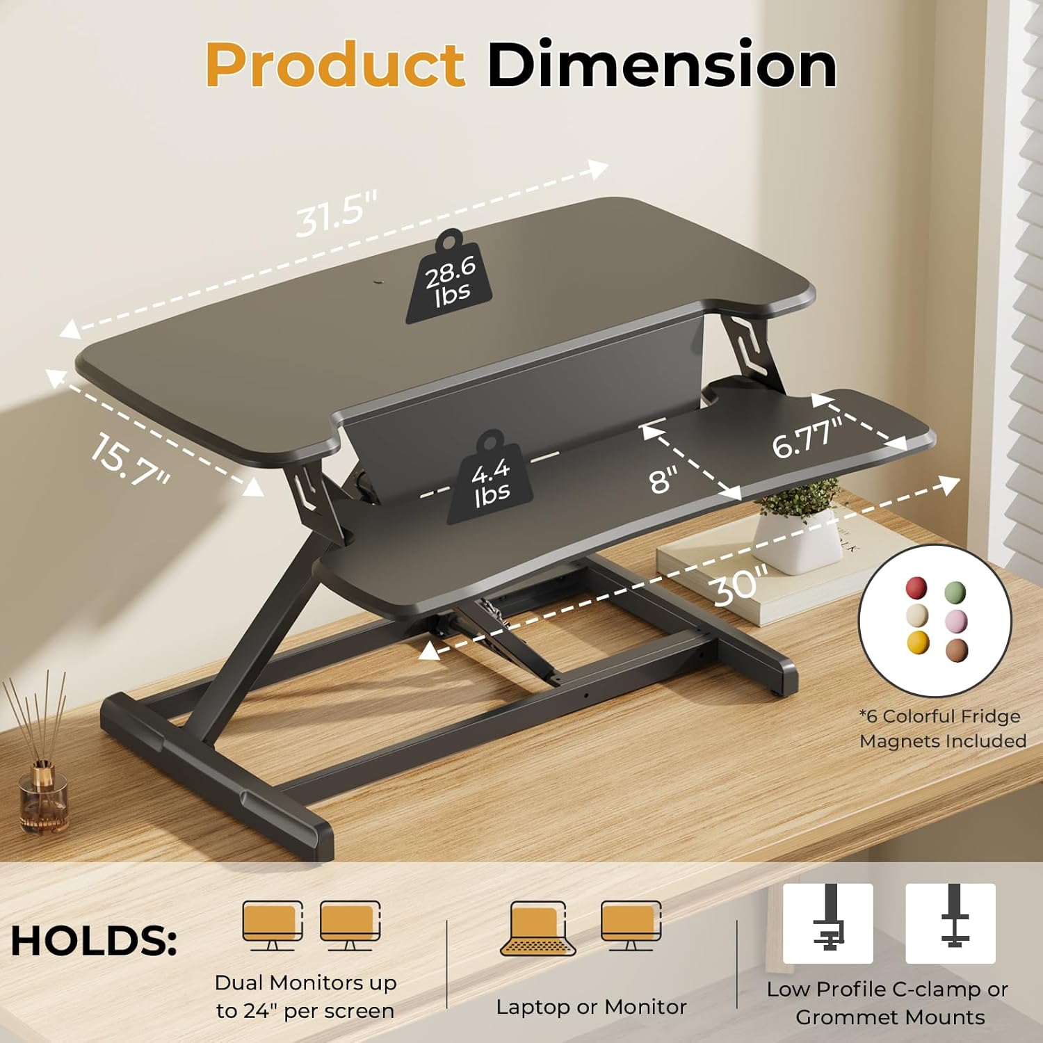 JOY worker Standing Desk Converter, 32" Height Adjustable Sit Stand Up Desk Riser with Keyboard Tray & 6 Fridge Magnets, Desktop Workstation Riser for Home Office Computer Laptop, Black