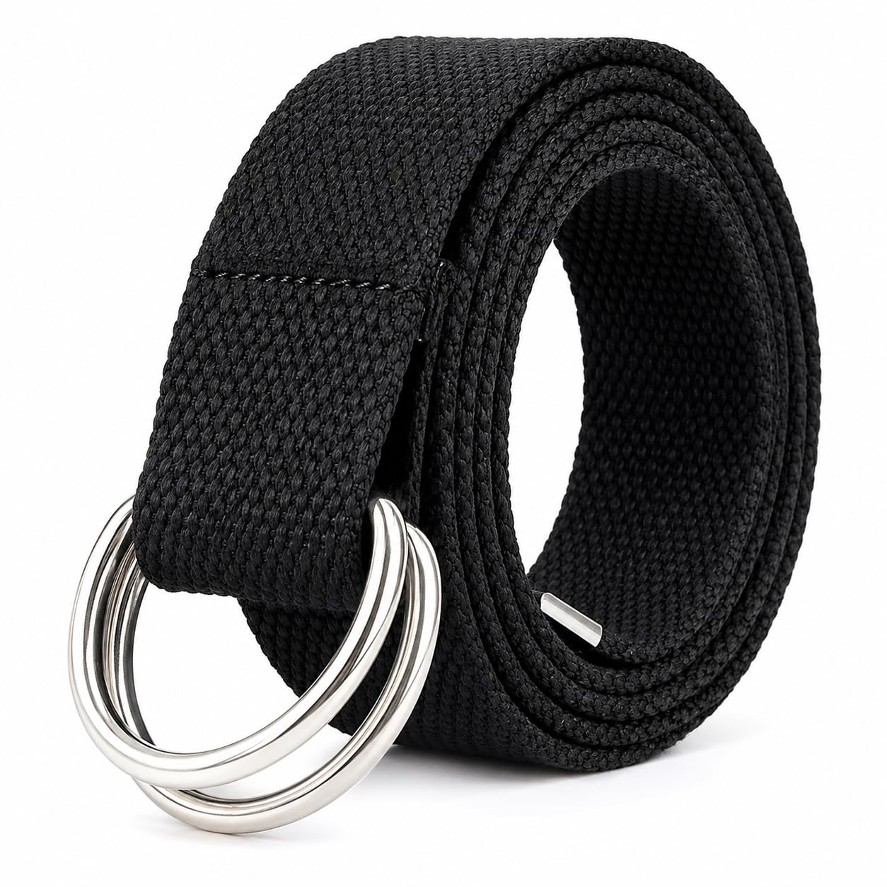 SUDHA INTERNATION Women's Cotton Canvas D-Ring Belt | Free Size | Double Silver D-Ring | Black Woven Belt for Jeans Dress Skirt | No Holes Adjustable | Fits Waist 24–34 Inch-image-1