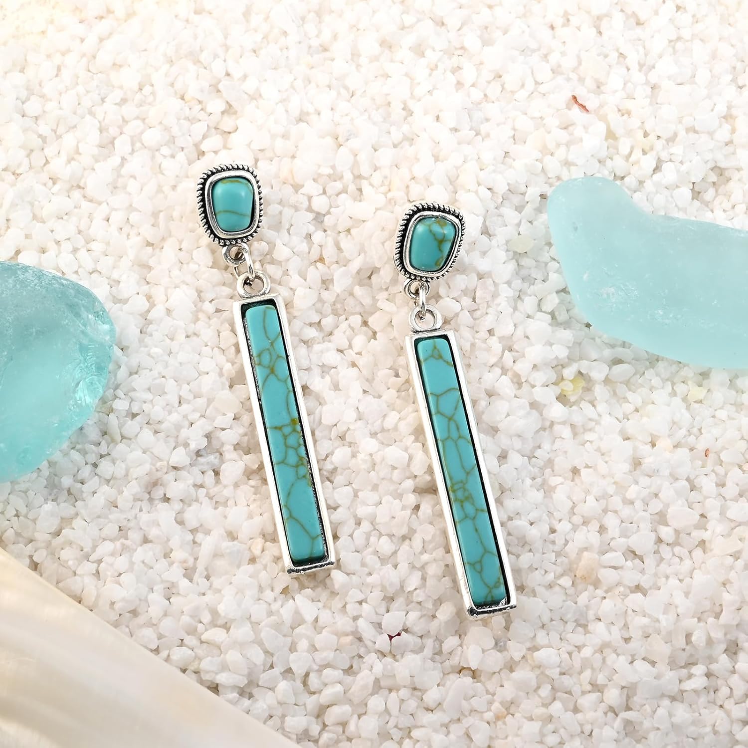 Silver Turquoise dangle Earrings for Women Boho Earrings Chunky Long Turquoise Studs Gemstone Bar Dangling - Image 5