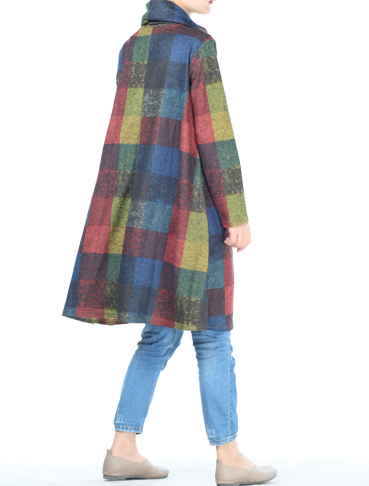 FTCayanz Donna Maglione Vestito Collo Alto Manica Lunga Plaid Pullover Top