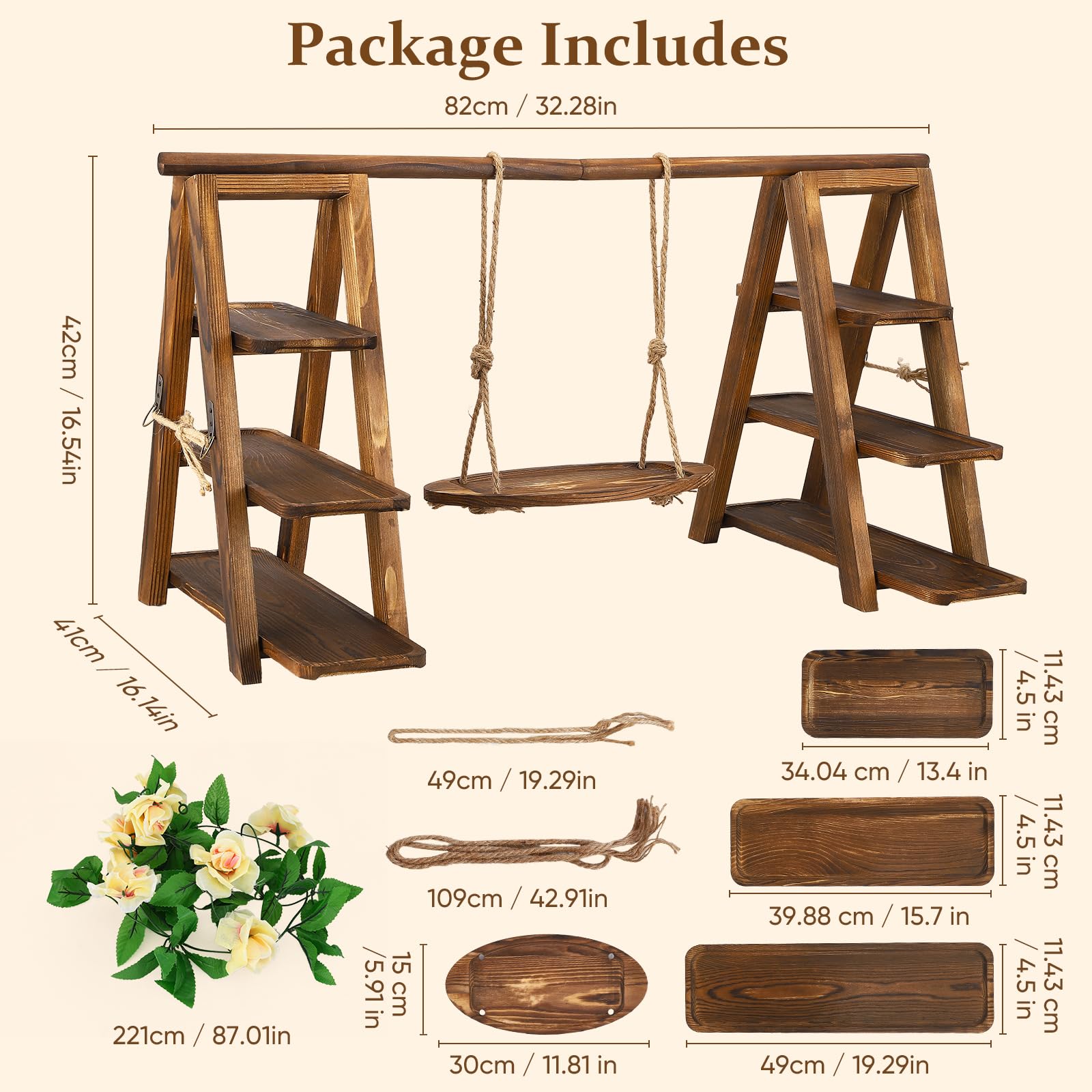 Holz Cupcake Ständer 3-stufig, 82cm Großer Akazienholz Kuchenständer, Faltbarer Dessert Präsentierständer mit Schrägen Etagen für Geburtstag, Nachmittagstee, Hochzeit, Party, Café (7 Bretter)